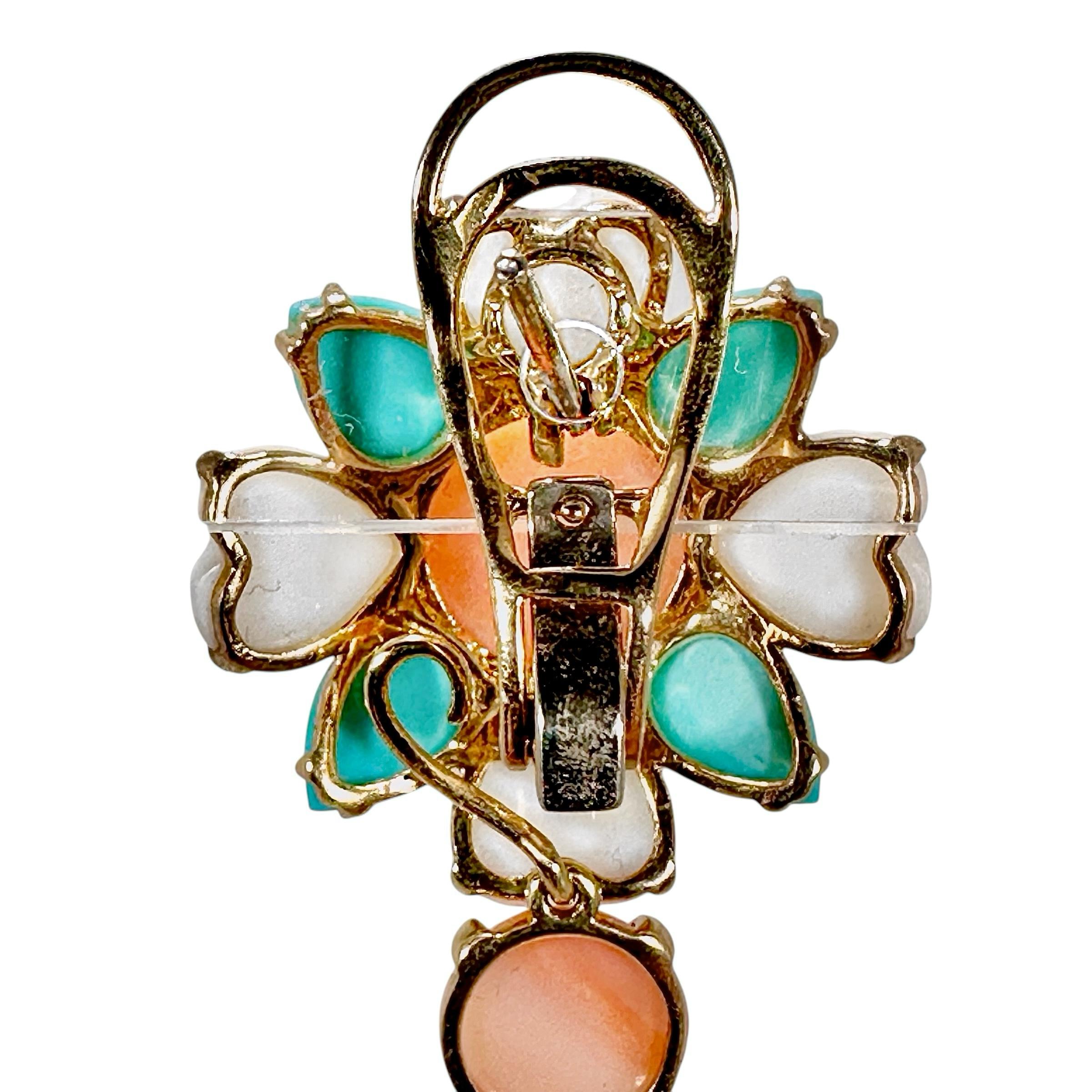 Boucles d'oreilles en or jaune 18 carats, corail roseâtre, turquoise et diamant de 2,75 pouces de long en vente 1