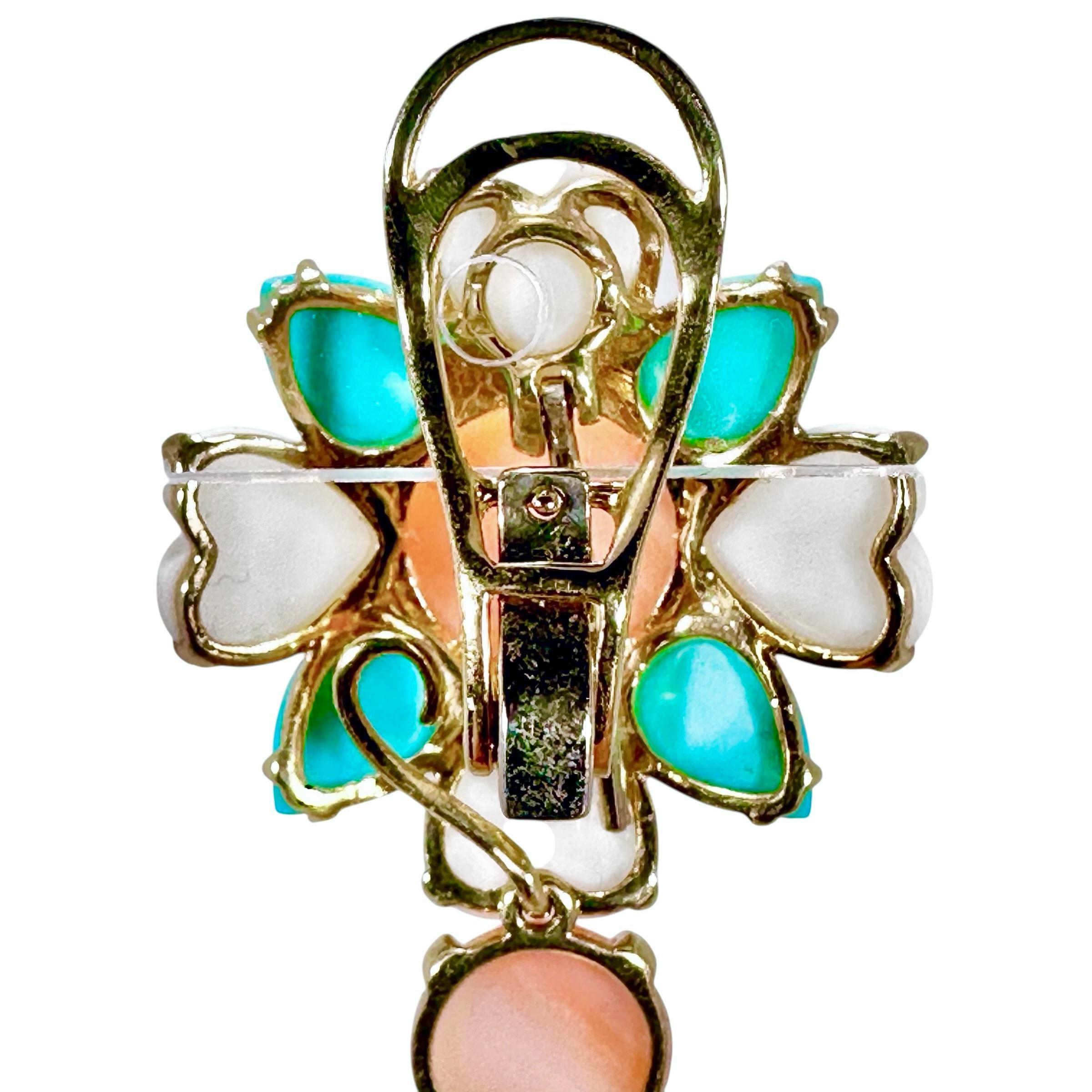 Boucles d'oreilles en or jaune 18 carats, corail roseâtre, turquoise et diamant de 2,75 pouces de long en vente 2