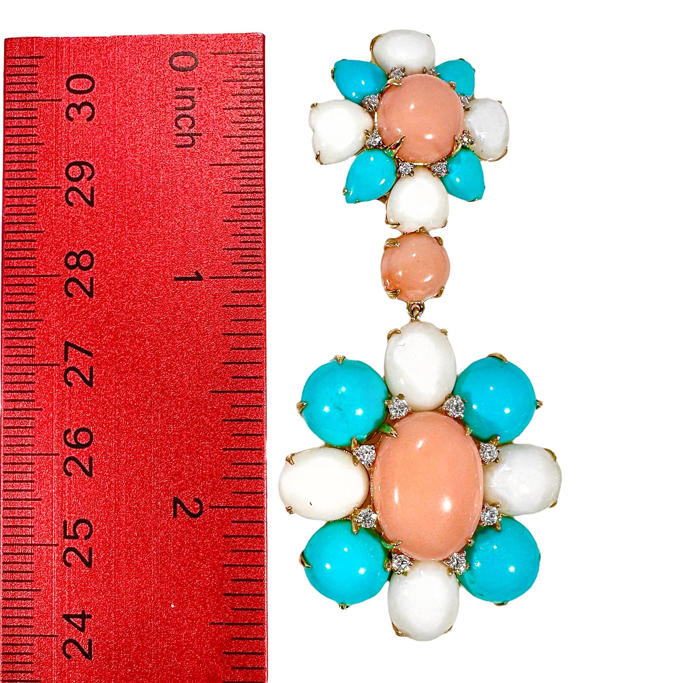 Boucles d'oreilles en or jaune 18 carats, corail roseâtre, turquoise et diamant de 2,75 pouces de long en vente 3