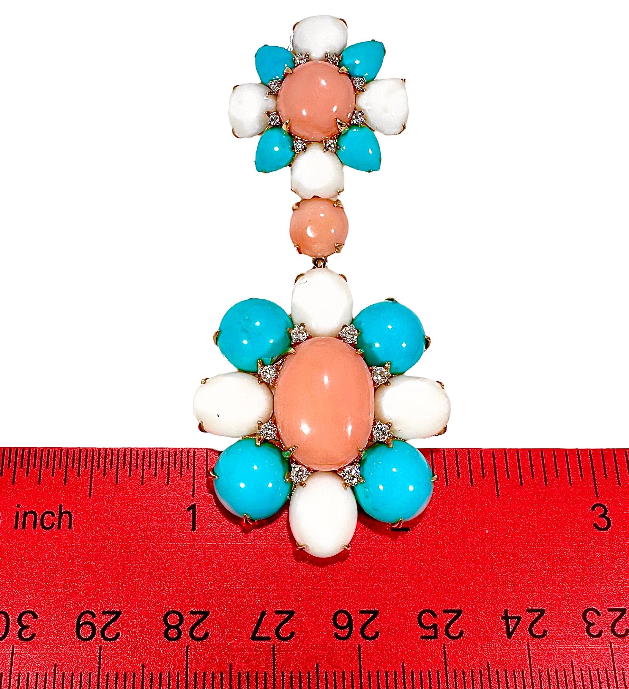 Boucles d'oreilles en or jaune 18 carats, corail roseâtre, turquoise et diamant de 2,75 pouces de long en vente 4