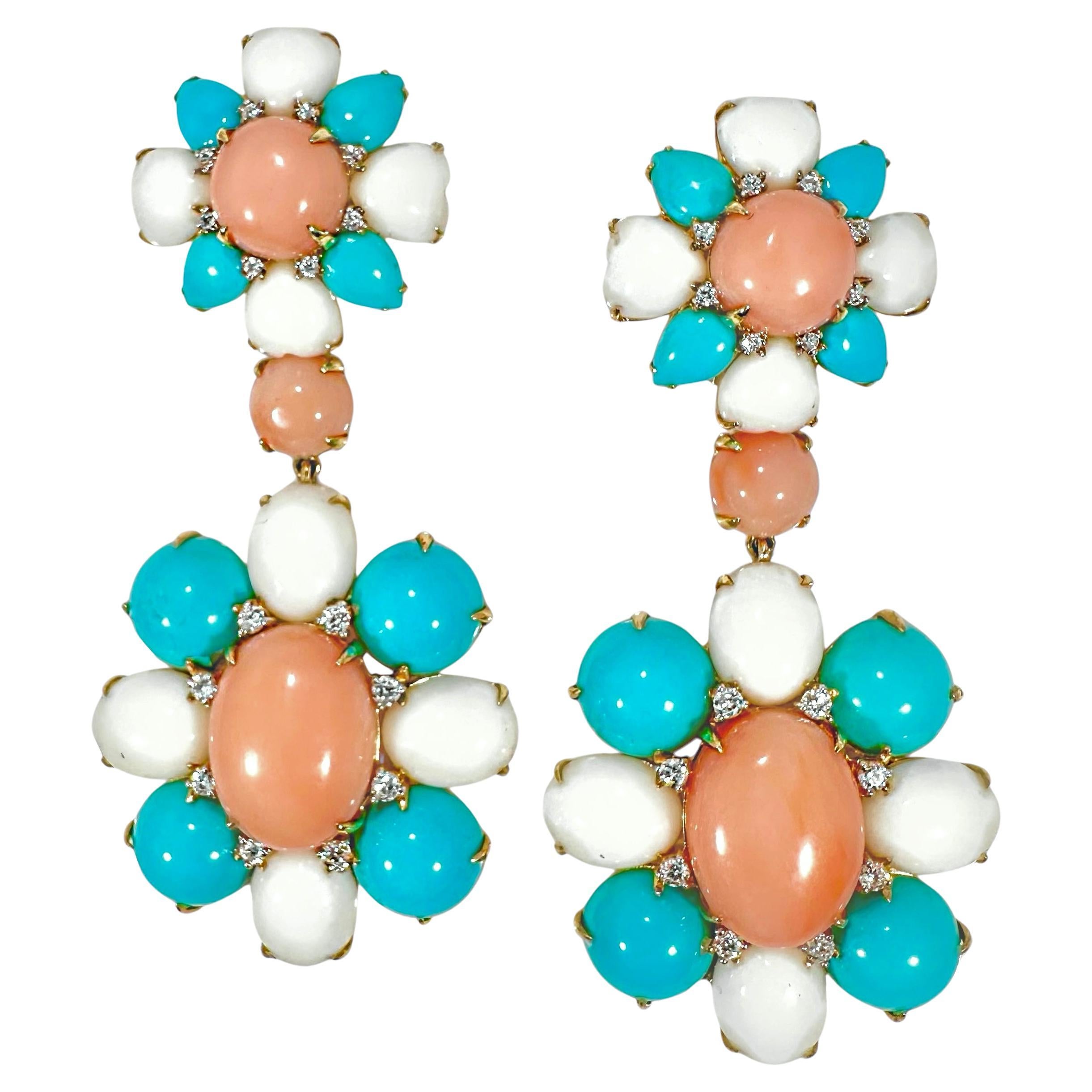 18K Yellow Gold, Pinkish Coral, Turquoise, & Diamond Earrings 2.75 Inches Long