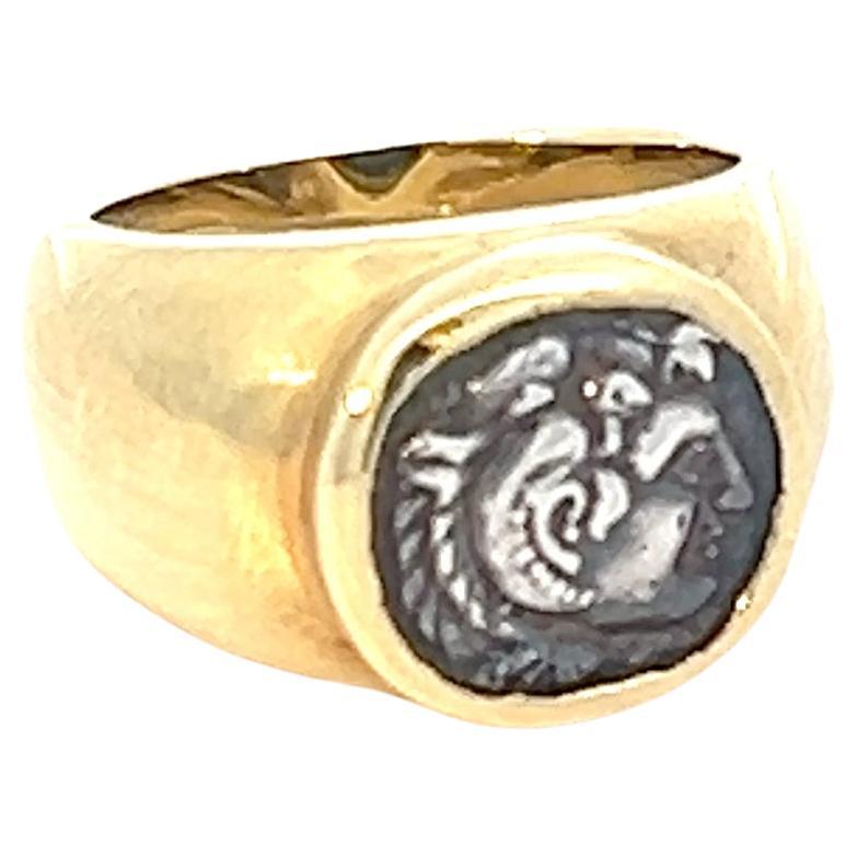 18k Yellow Gold Pinky Sterling Silver Coin Ring  For Sale