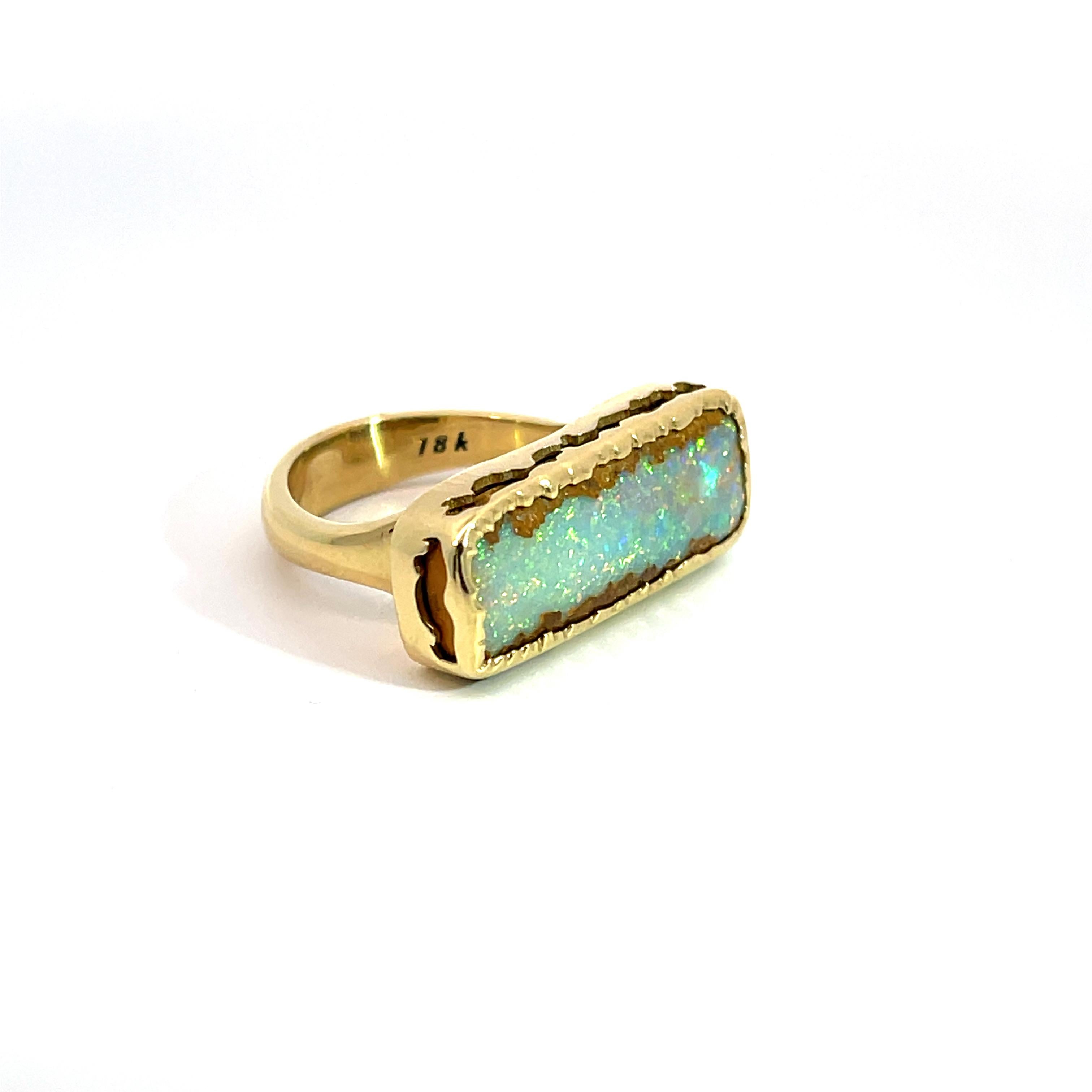 Cabochon 18k Yellow Gold Pipe Boulder Opal Ring For Sale
