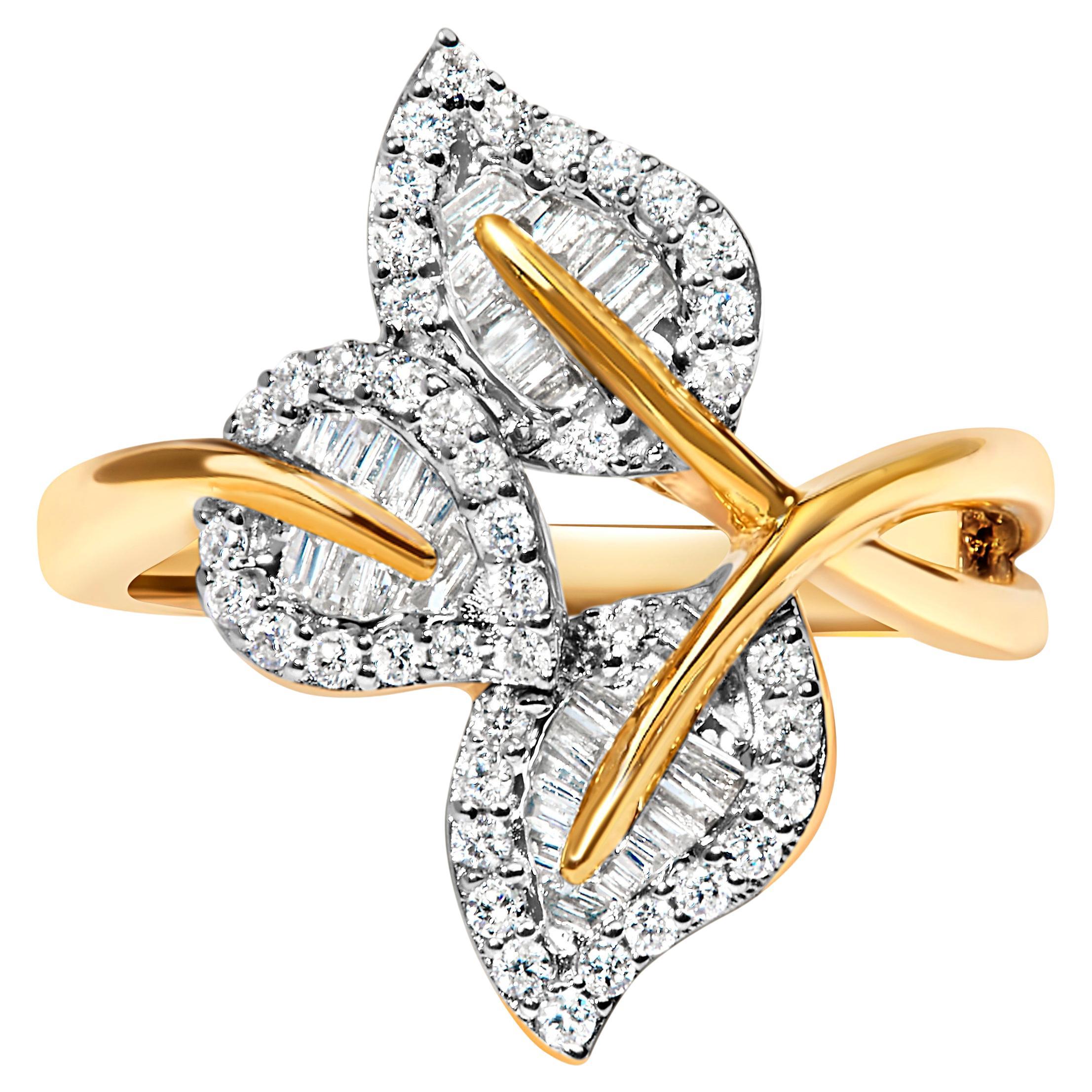 18K Yellow Gold Plated .925 Sterling Silver 1/2 Carat Diamond Triple Leaf Ring