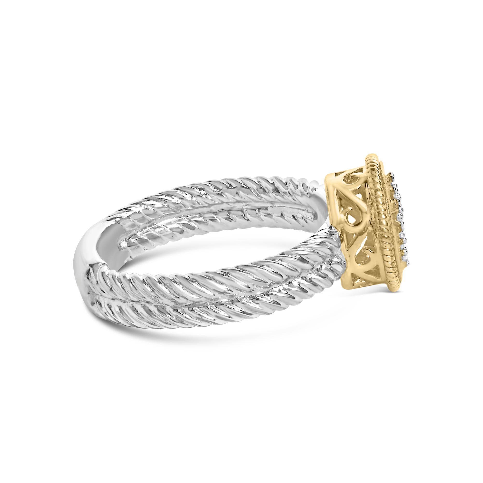In an exquisite marriage of spirituality and luxury, this ring stands as a beacon of sophistication. The design features intertwined sterling silver bands, each graced with a rope-like texture that whispers tales of unity and strength. At the