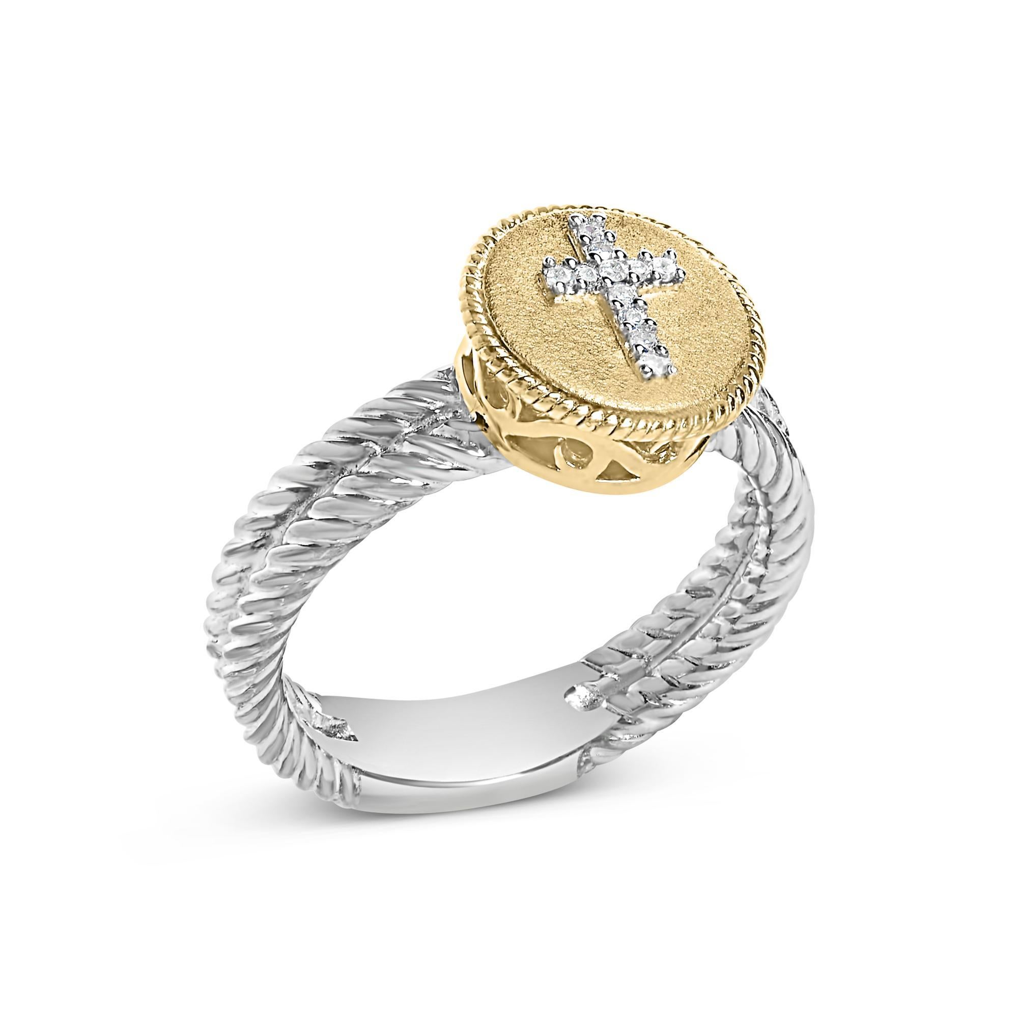 Modern 18K Yellow Gold Plated .925 Sterling Silver Diamond Cross Ring with Satin Finish For Sale