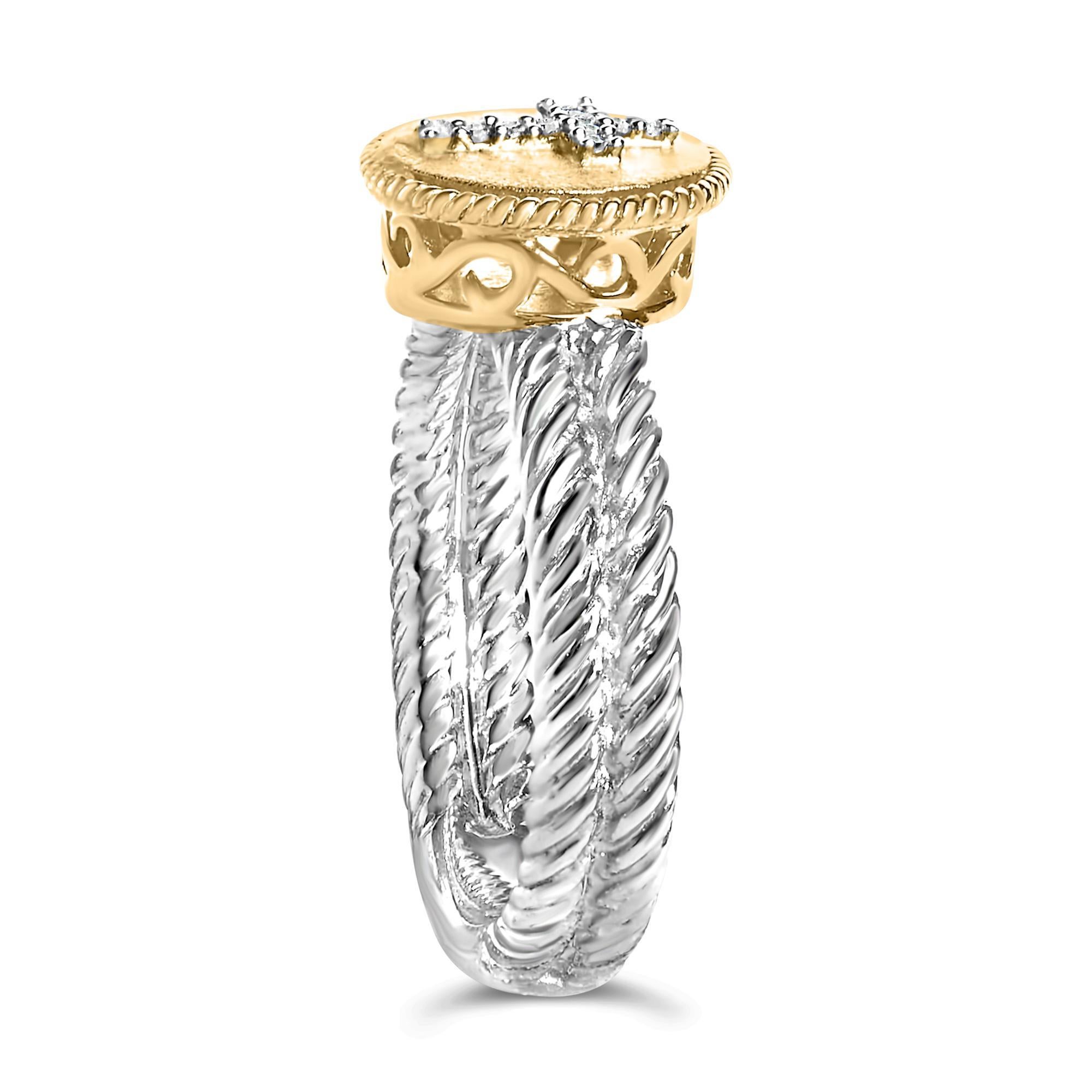 Round Cut 18K Yellow Gold Plated .925 Sterling Silver Diamond Cross Ring with Satin Finish For Sale