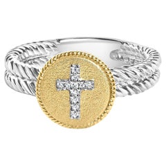 18K Yellow Gold Plated .925 Sterling Silver Diamond Cross Ring with Satin Finish