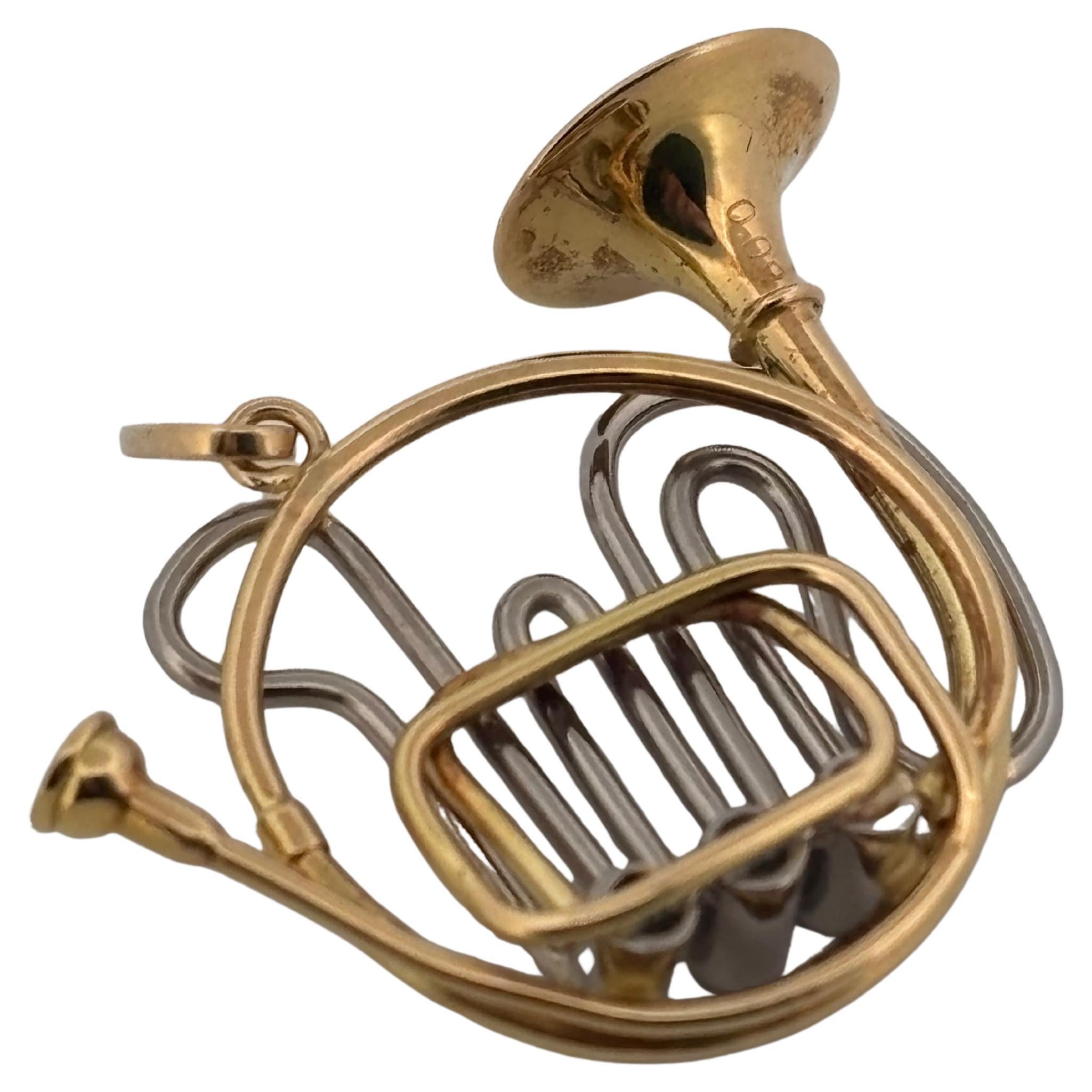 French Horn 18K Yellow Gold & Platinum 0.09 Carat Diamond Pendant For Sale 1