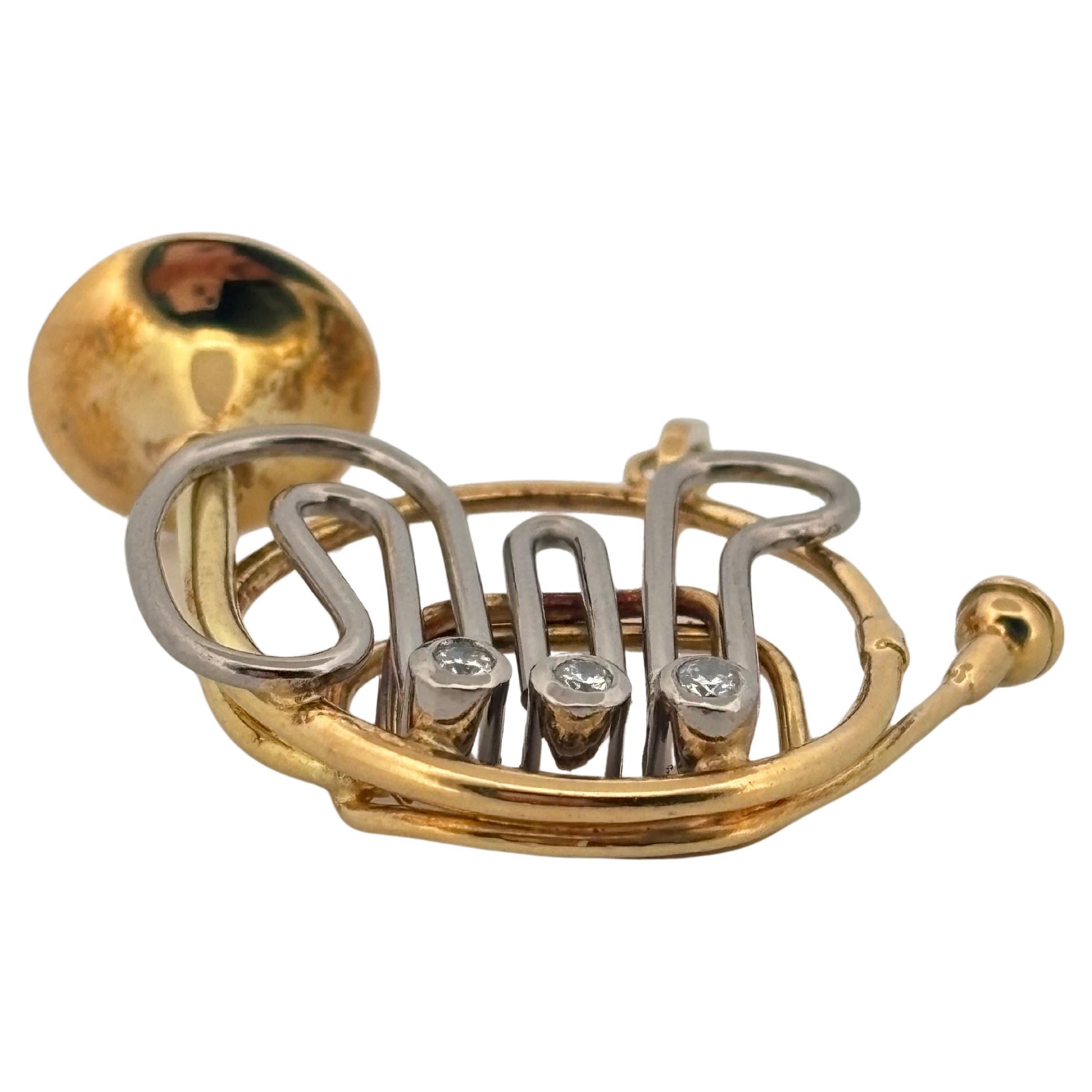 Women's or Men's French Horn 18K Yellow Gold & Platinum 0.09 Carat Diamond Pendant For Sale
