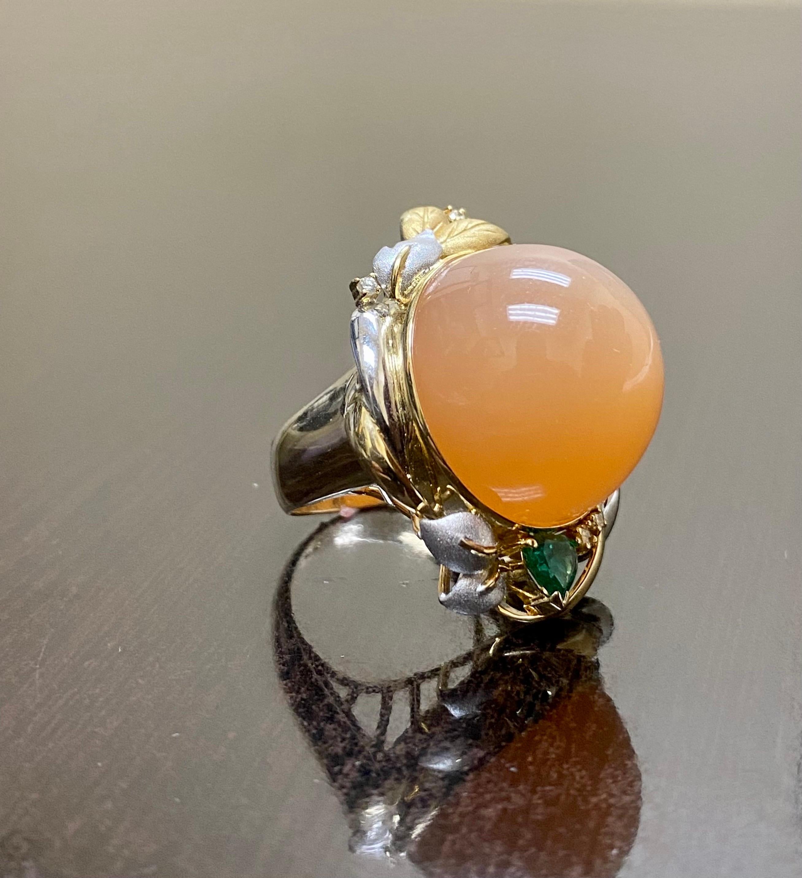 Cabochon 18K Yellow Gold Platinum 53.66 Carat Cat's Eye Pink Moonstone Cocktail Ring For Sale