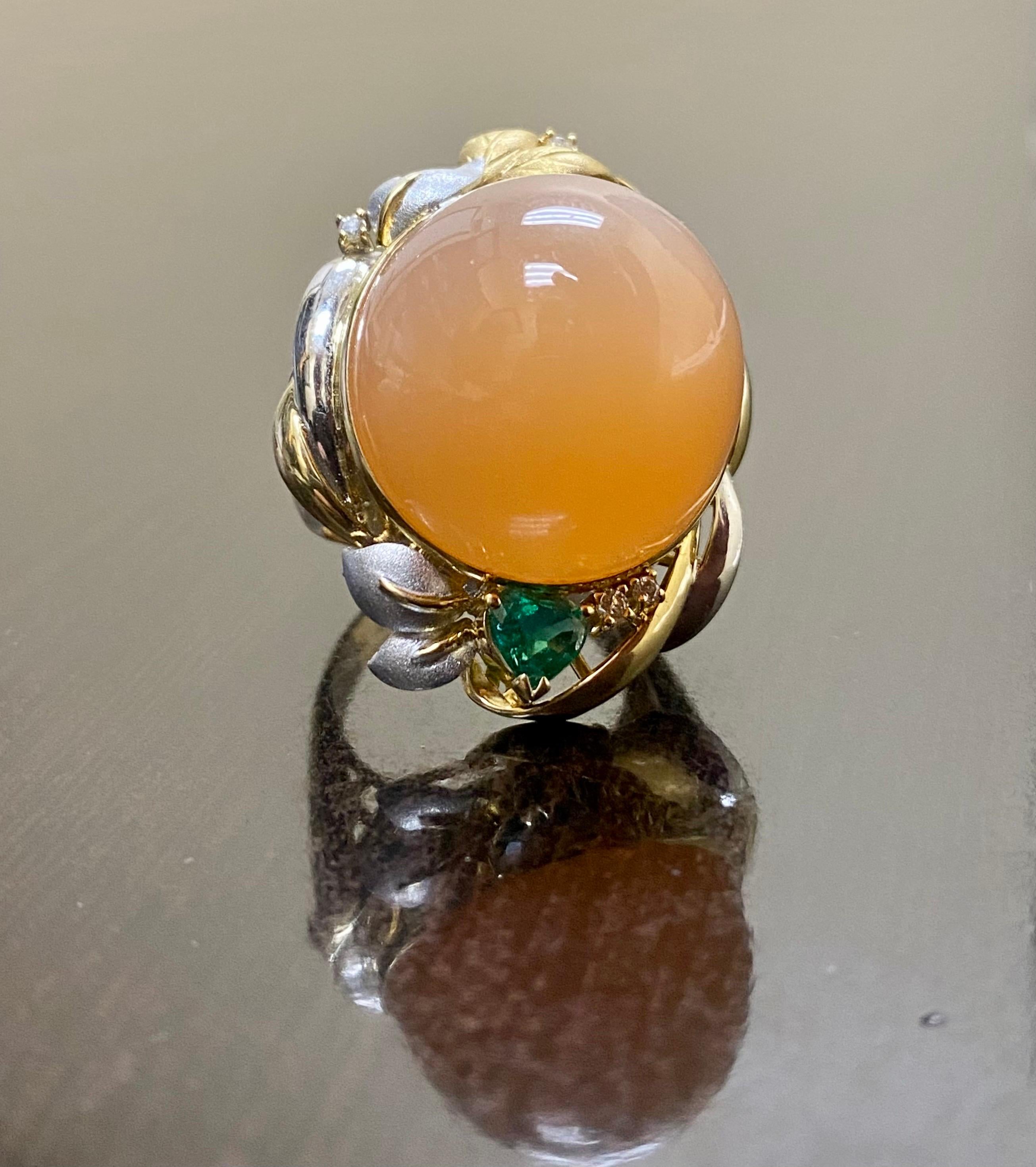 18K Yellow Gold Platinum 53.66 Carat Cat's Eye Pink Moonstone Cocktail Ring In New Condition For Sale In Los Angeles, CA