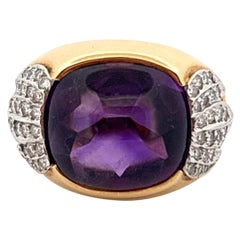 18K Yellow Gold & Platinum 6.80 Carat Cabochon Amethyst 0.40 Carat Diamond Ring