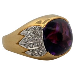 Bague en or jaune 18 carats et platine Améthyste cabochon 6,80 carats 0,40 carat Diamant