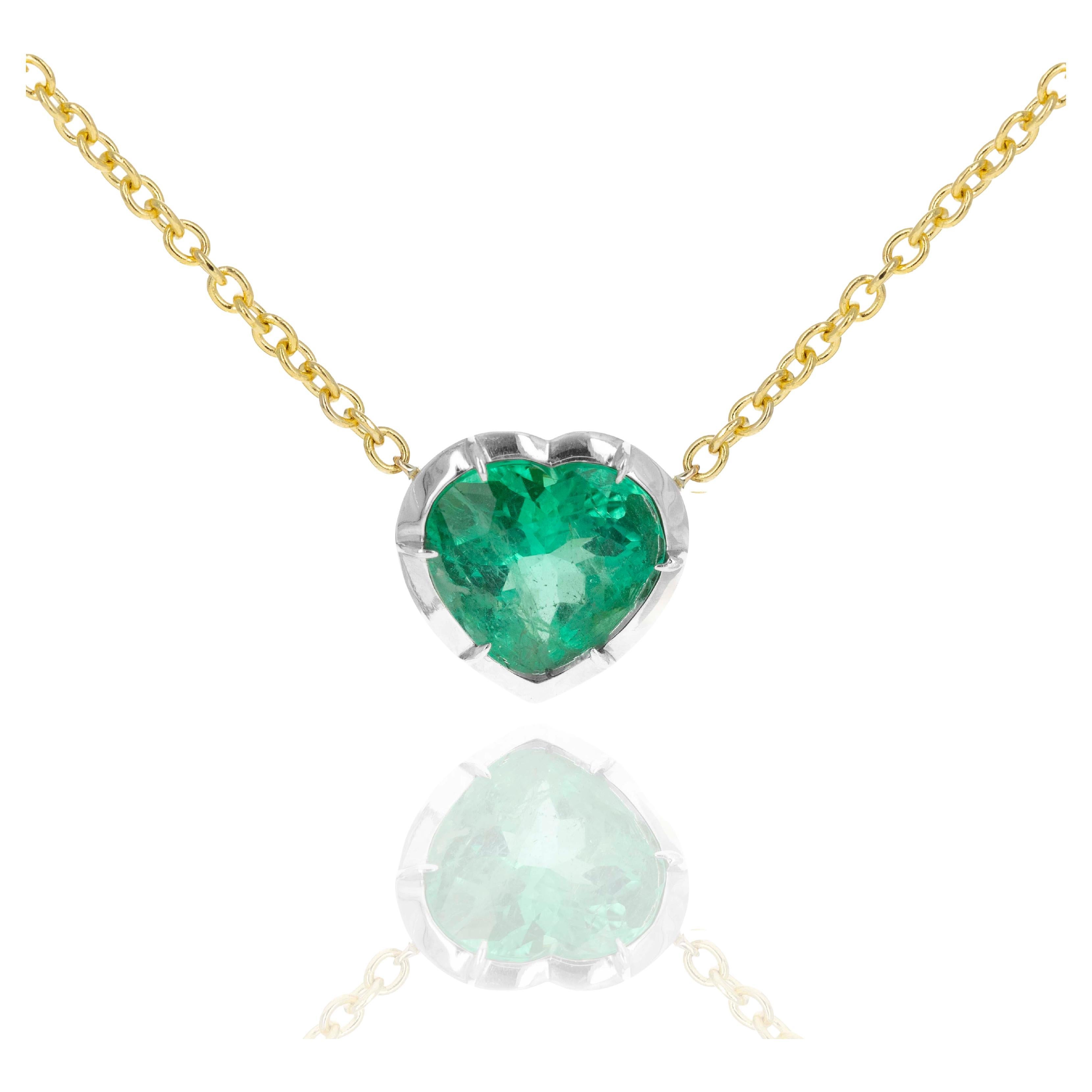 18K Yellow Gold & Platinum 7.31 Carat Heart Emerald Bezel Necklace