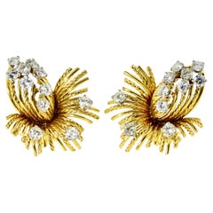 18K Yellow Gold, Platinum and Diamond Earrings, French, C. 1960