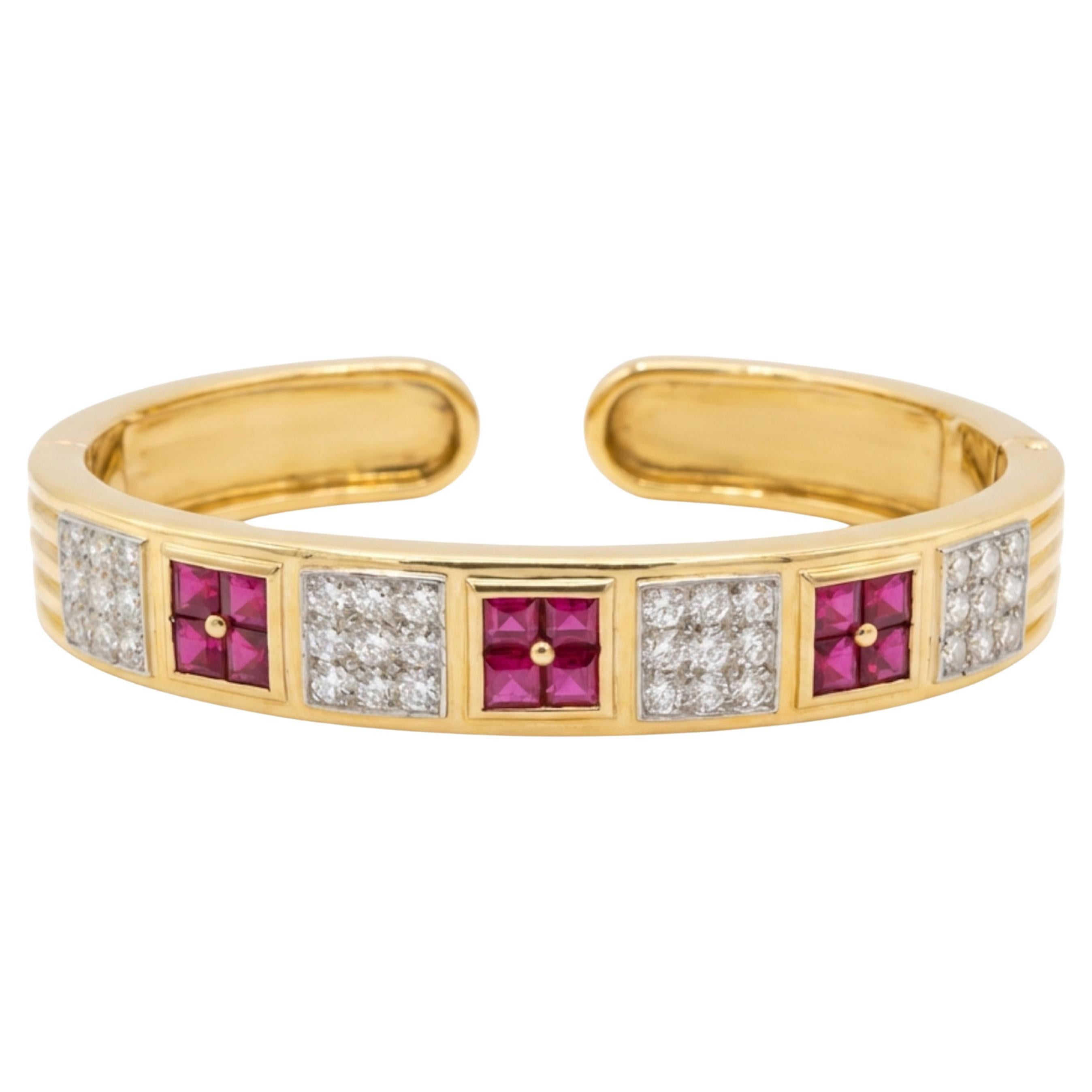 18K Yellow Gold 
Platinum Bangle Bracelet with 6.30 Cts Unheated Burmese Rubies For Sale