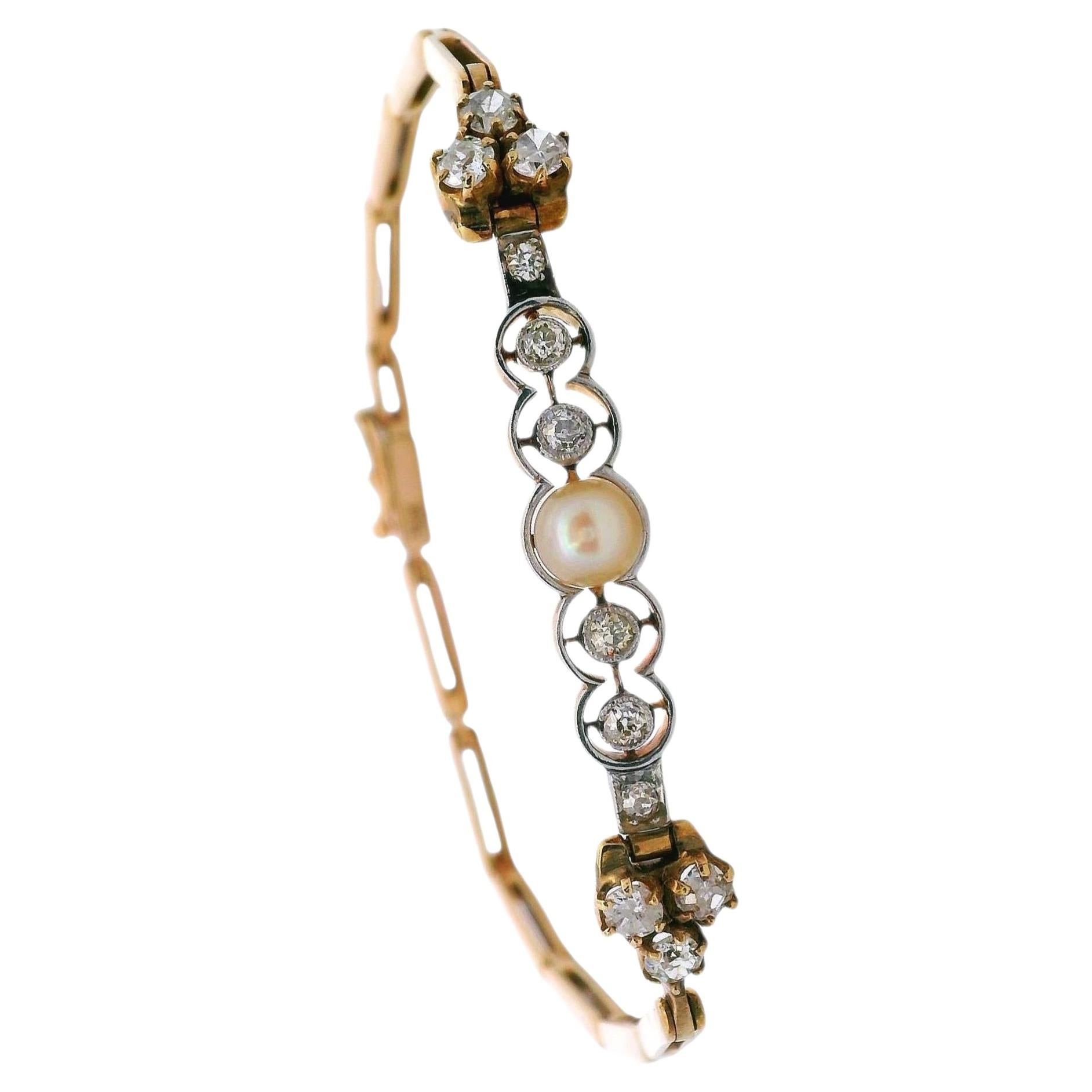 Pulsera de oro amarillo de 18 quilates y platino con diamantes de 0,85 quilates en total y perlas en venta