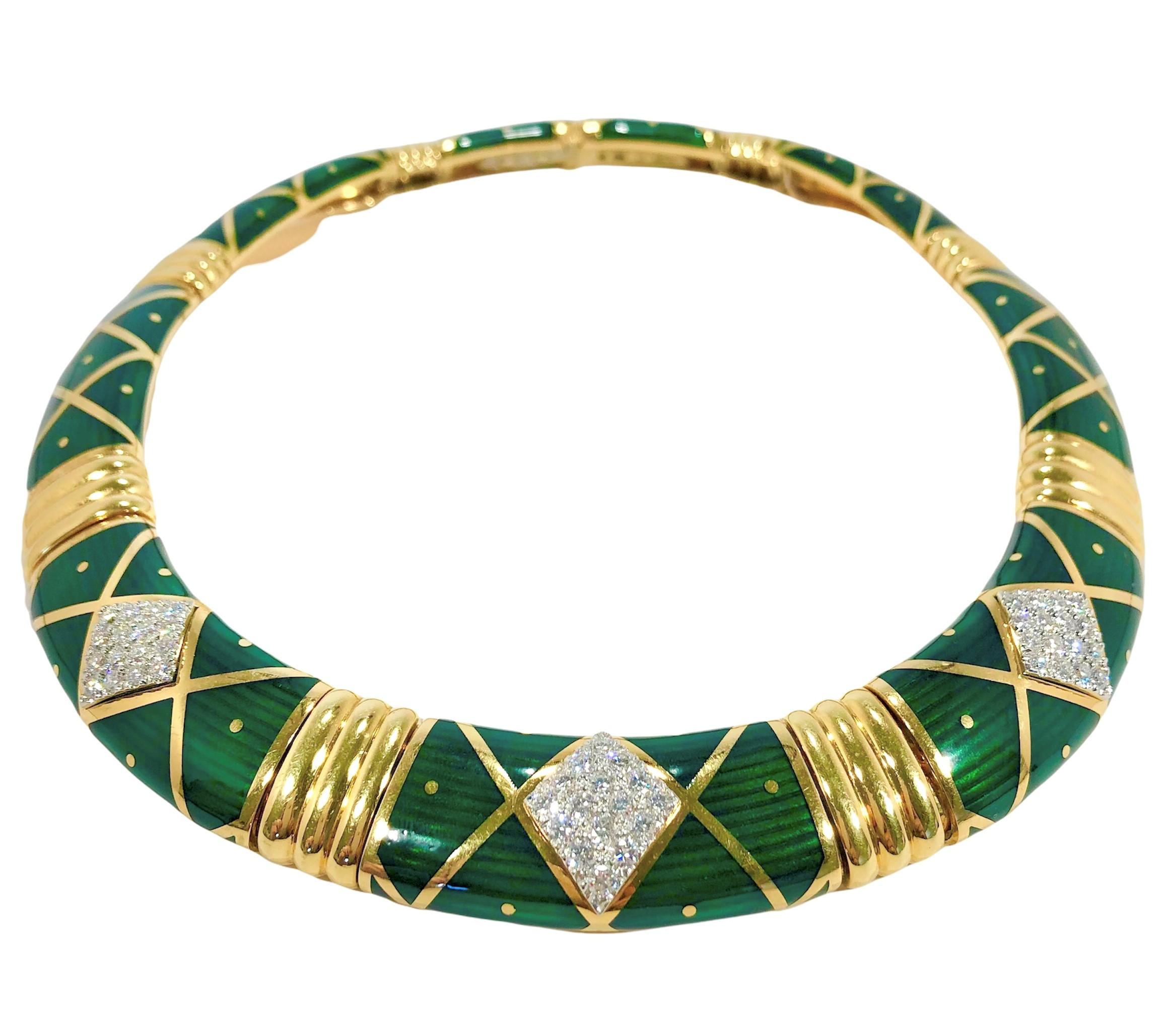 Contemporary 18K Yellow Gold, Platinum, Diamond and Green Cloisonne Enamel Choker Necklace
