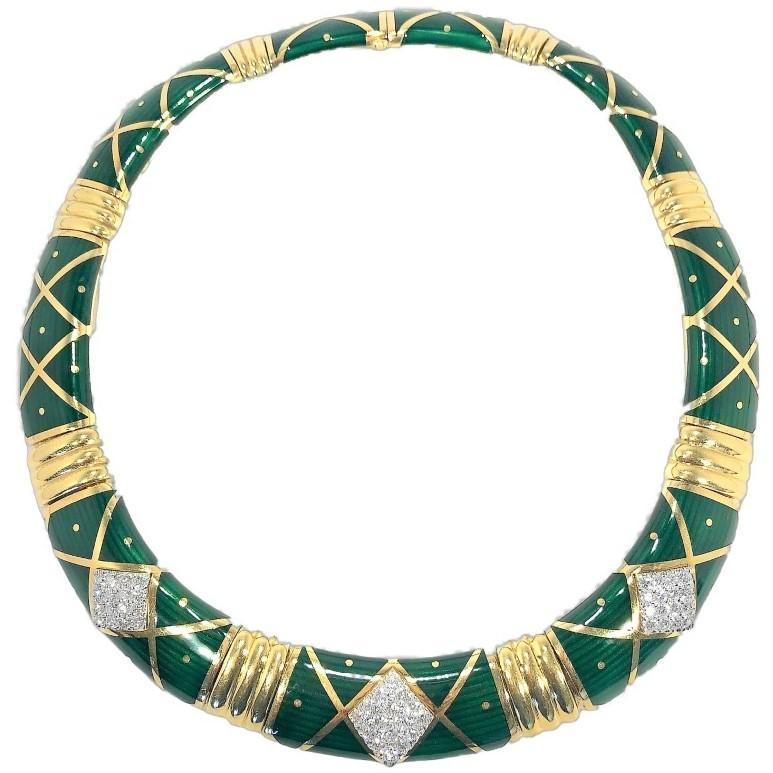 Brilliant Cut 18K Yellow Gold, Platinum, Diamond and Green Cloisonne Enamel Choker Necklace