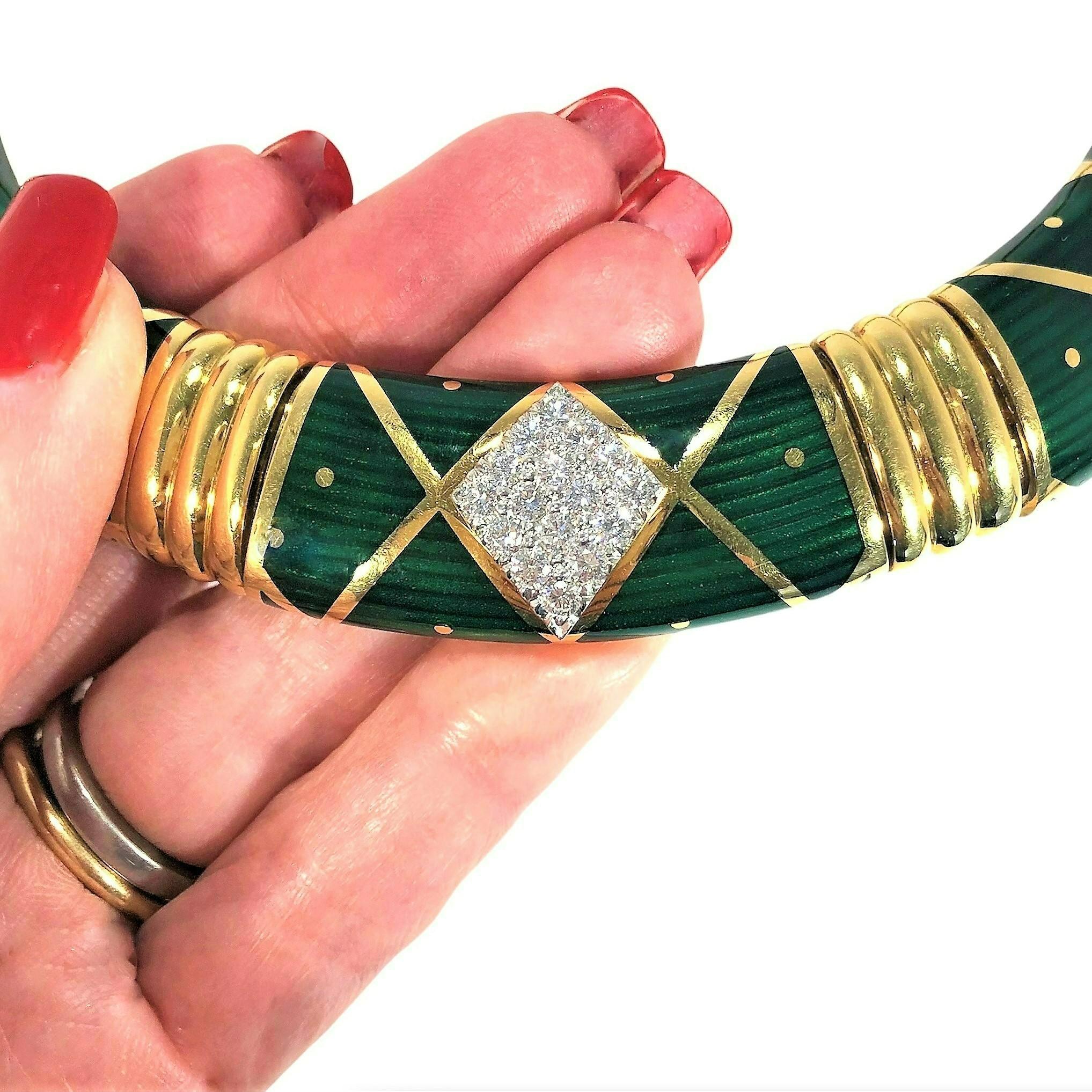 18K Yellow Gold, Platinum, Diamond and Green Cloisonne Enamel Choker Necklace 1