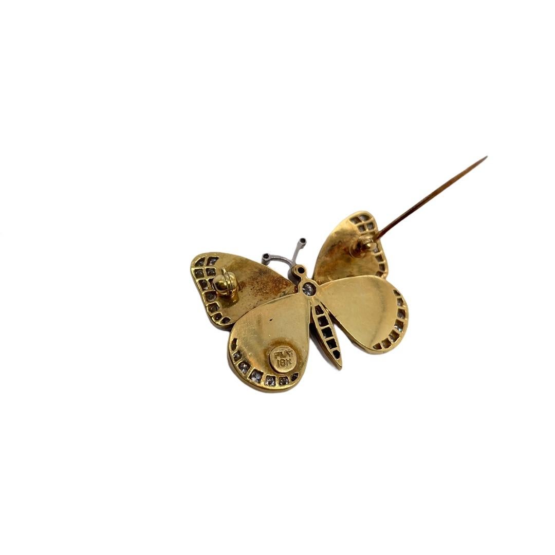 Brilliant Cut 18k Yellow Gold & Platinum Diamond & Enamel Butterfly Brooch For Sale