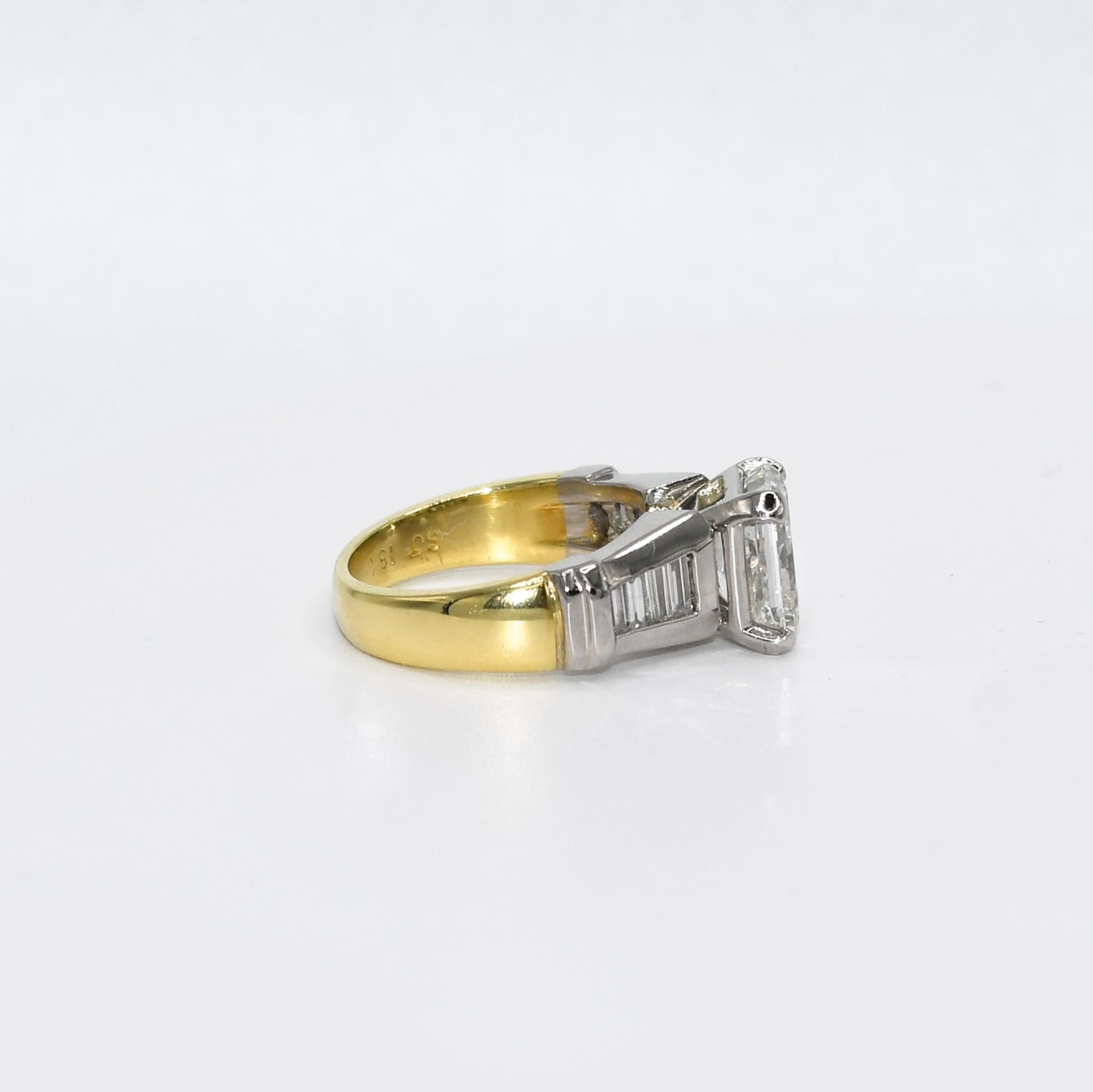 Radiant Cut 18k Yellow Gold & Platinum Diamond Ring, 3.00ct Radiant, I, Vs2, 10.2g For Sale