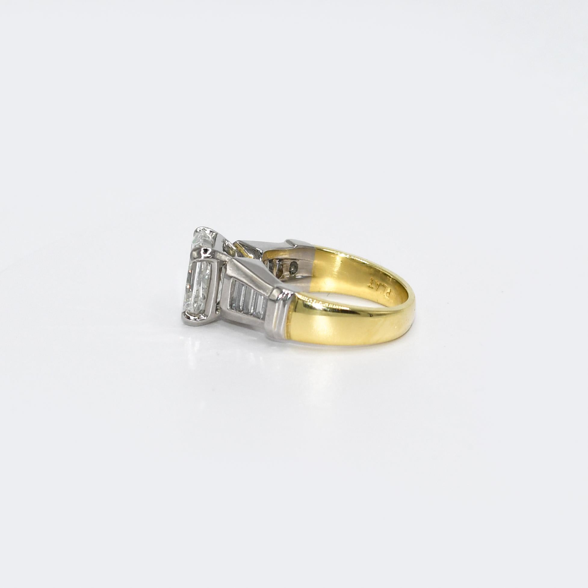 Women's 18k Yellow Gold & Platinum Diamond Ring, 3.00ct Radiant, I, Vs2, 10.2g For Sale