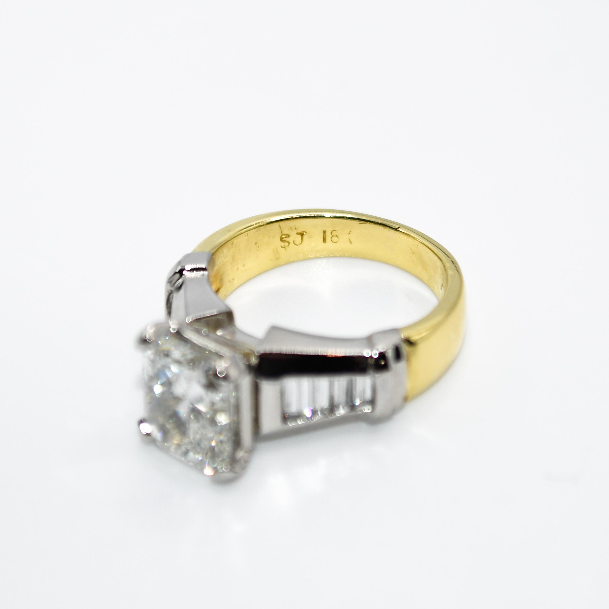 18k Yellow Gold & Platinum Diamond Ring, 3.00ct Radiant, I, Vs2, 10.2g For Sale 2