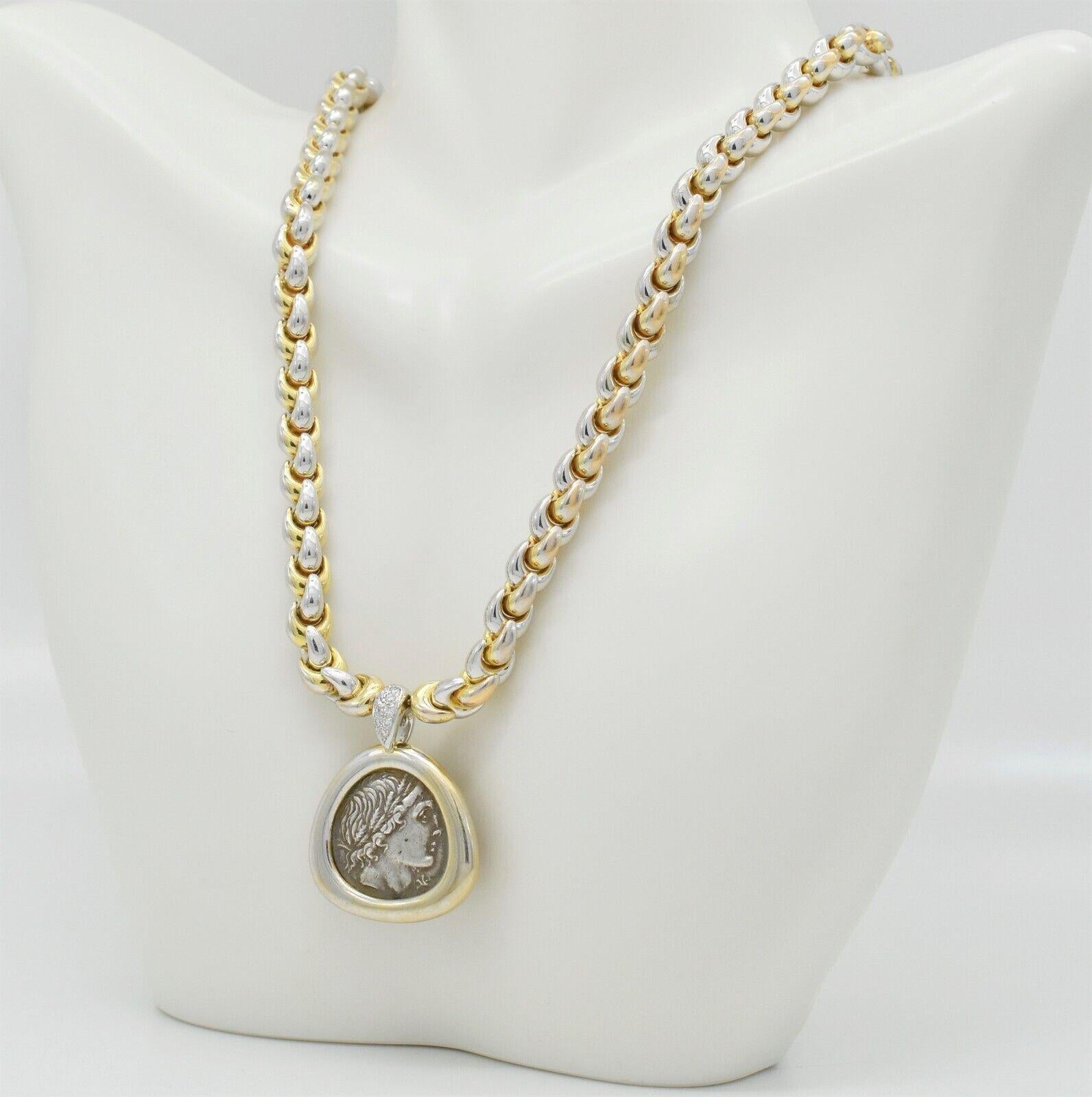 Round Cut 18k Yellow Gold & Platinum Diamond Roman Coin Necklace, 16.5 inches - 53.0g For Sale
