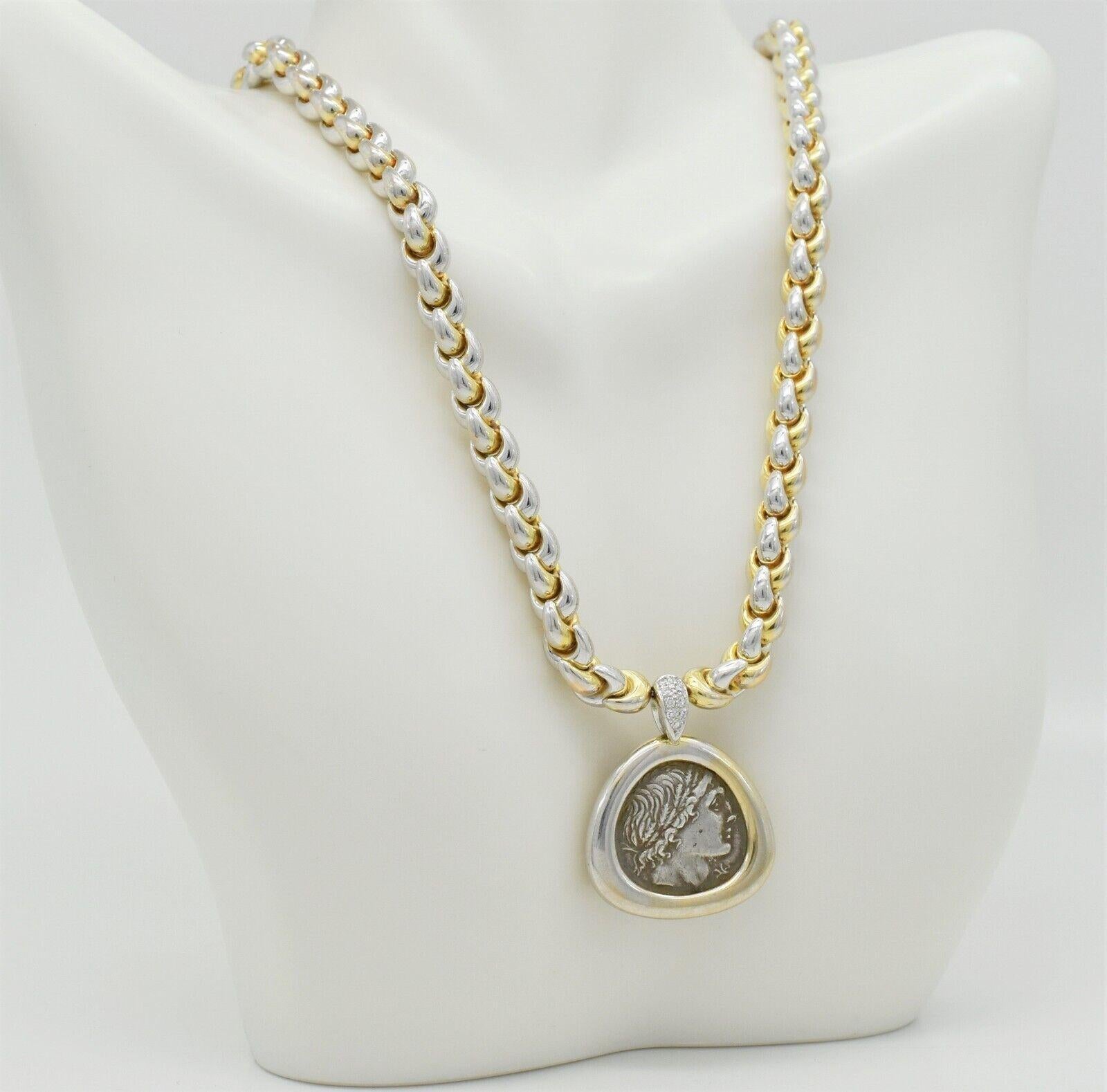 18k Yellow Gold & Platinum Diamond Roman Coin Necklace, 16.5 inches - 53.0g In Good Condition For Sale In Providence, RI