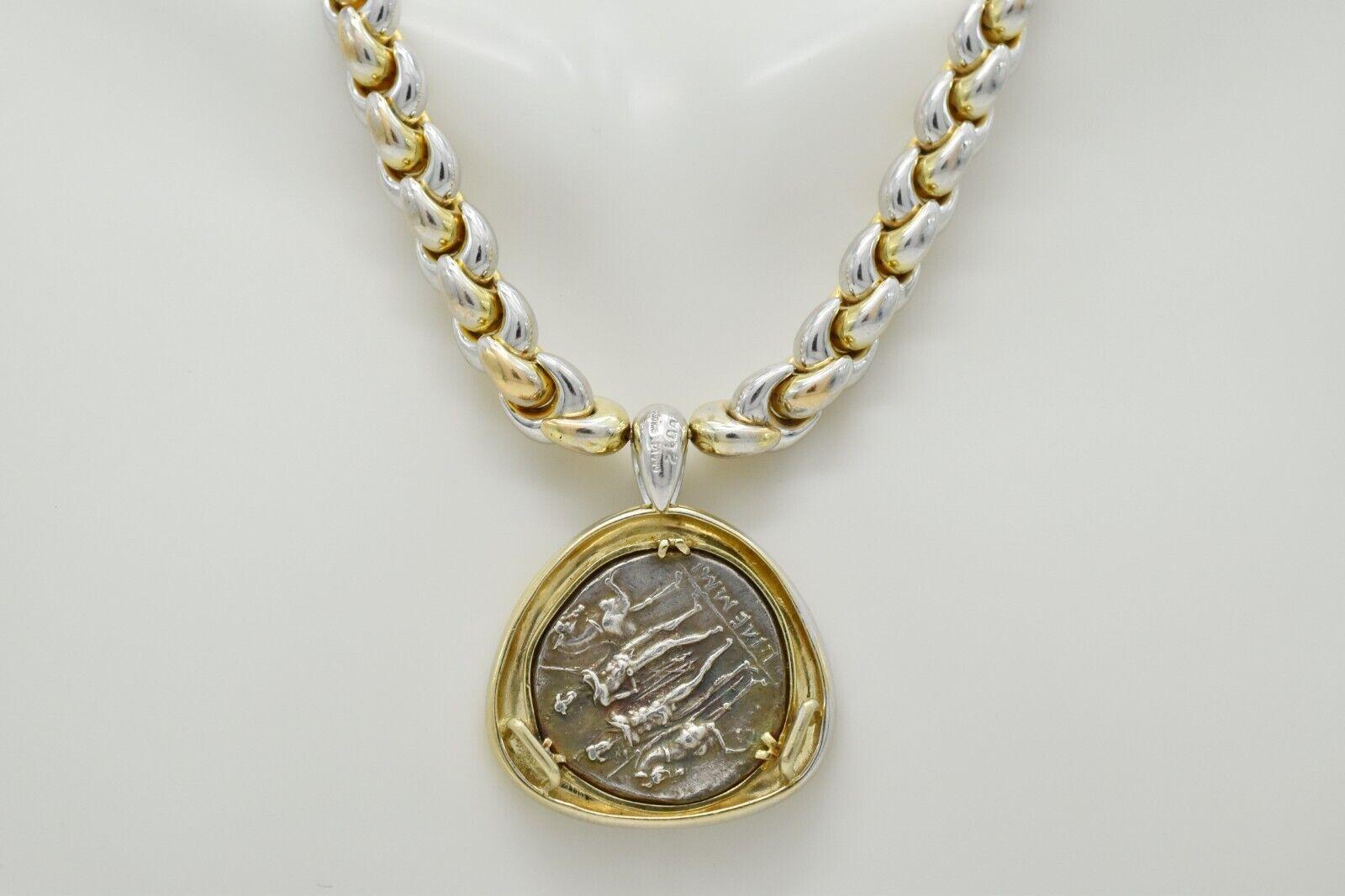Women's or Men's 18k Yellow Gold & Platinum Diamond Roman Coin Necklace, 16.5 inches - 53.0g For Sale