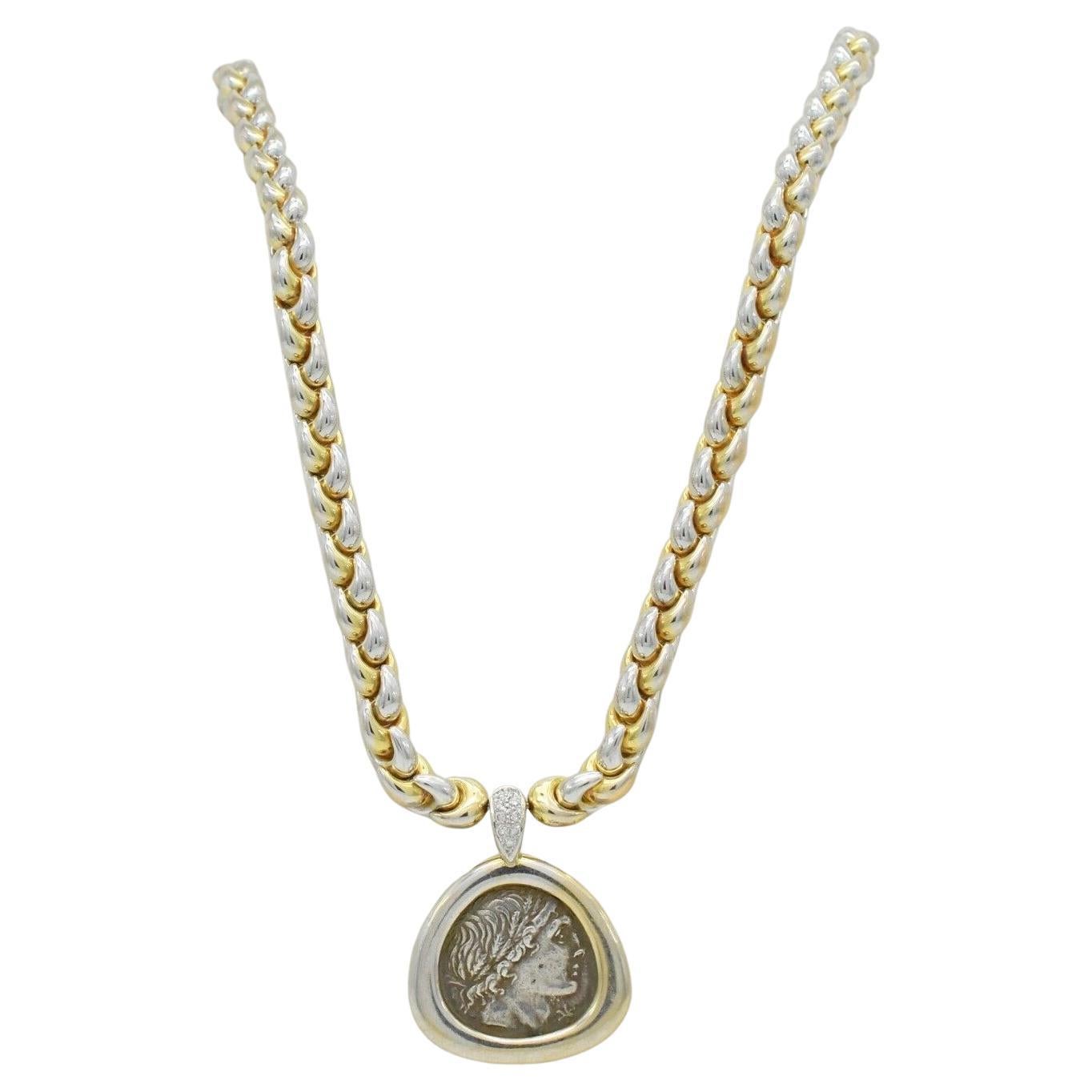 18k Yellow Gold & Platinum Diamond Roman Coin Necklace, 16.5 inches - 53.0g
