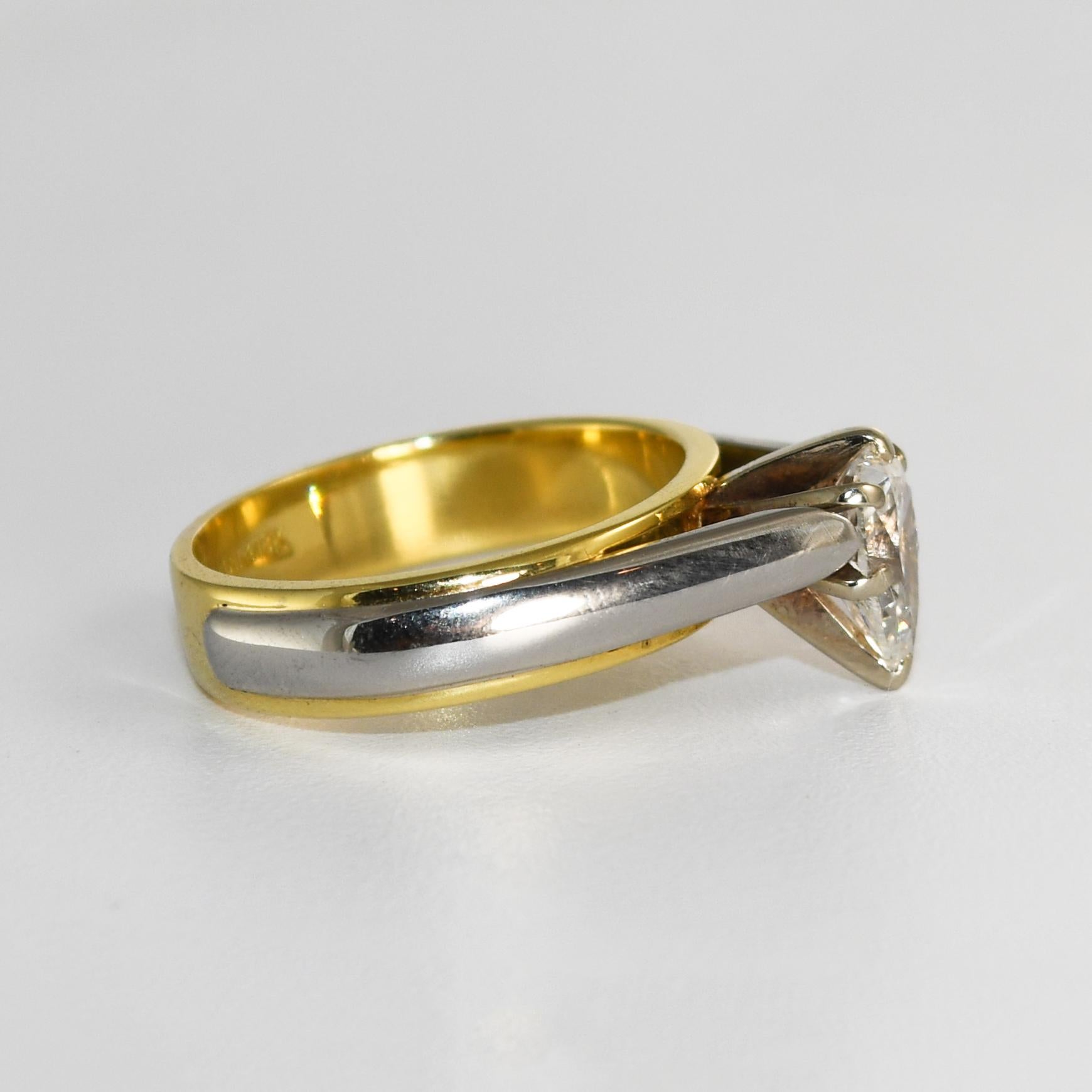 Pear Cut 18K Yellow Gold & Platinum Diamond Solitaire Ring 1.01ct For Sale