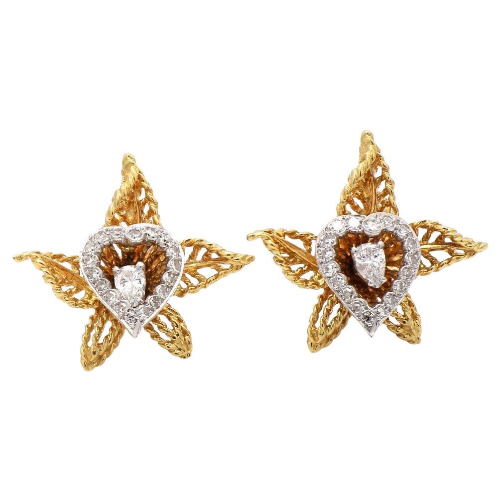 18K Yellow Gold & Platinum Flower Earrings with Entremblant Diamonds For Sale