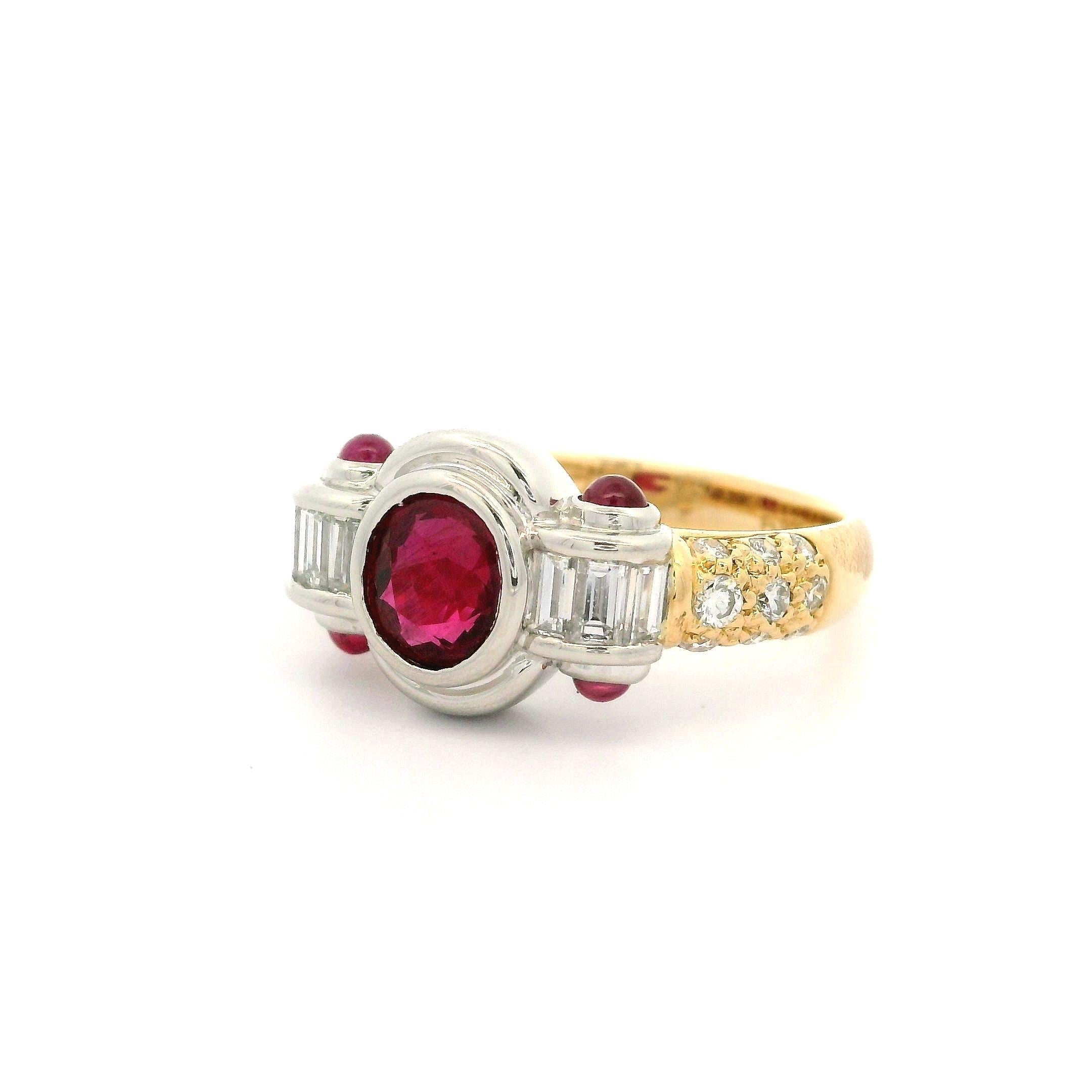 18k Yellow Gold Platinum GIA 2.18ctw Vivid Red Ruby & Diamond Bezel Band Ring For Sale 6