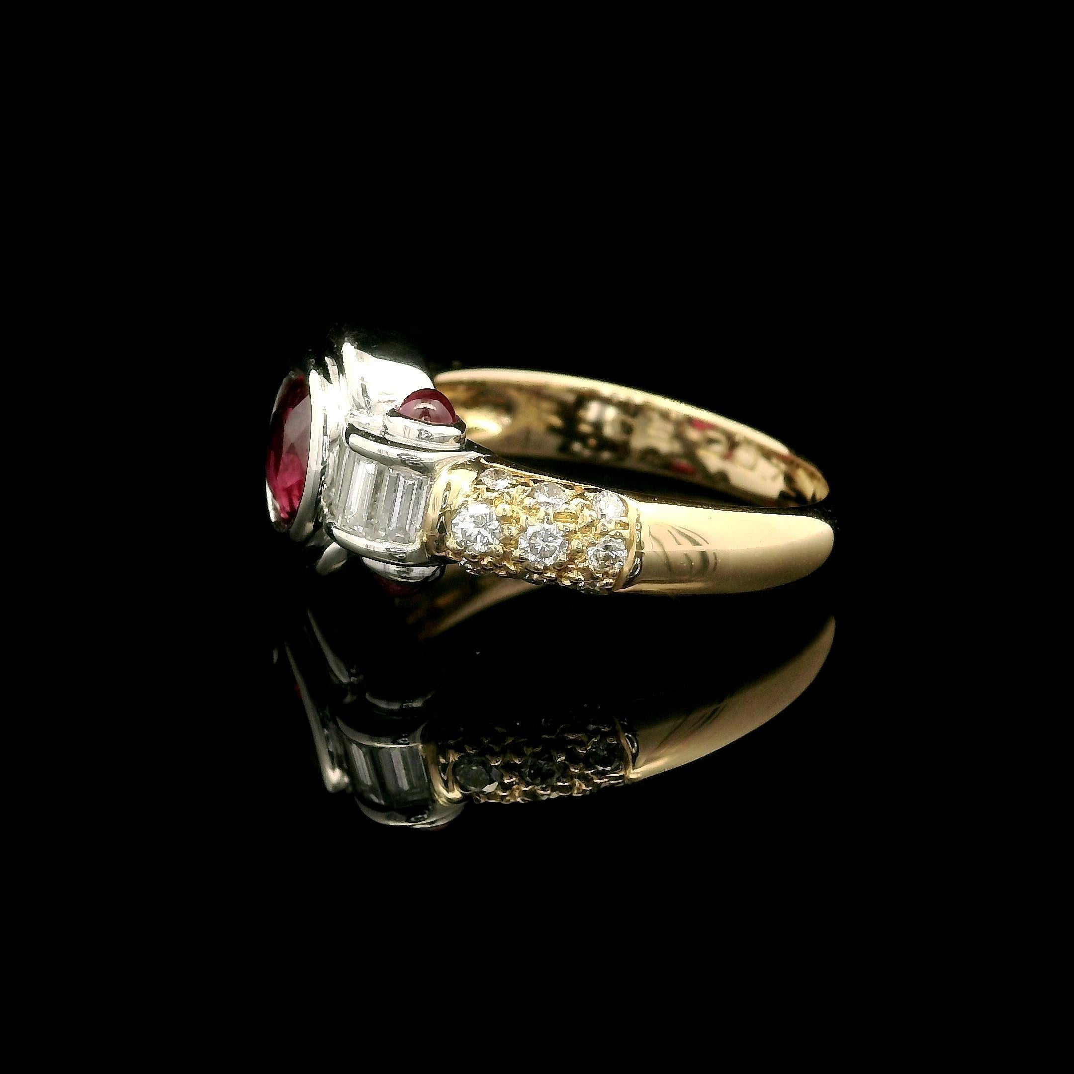 --Stone(s):--
(1) Natural Genuine Ruby - Oval Cut -Bezel Set - Vivid Red Color - Heated - 1.06ct (exact)
** See Certification Details Below for Complete Info **
(4) Natural Genuine Rubies - Round Cabochon Cut - Bezel Set - Pinkish Red Color -