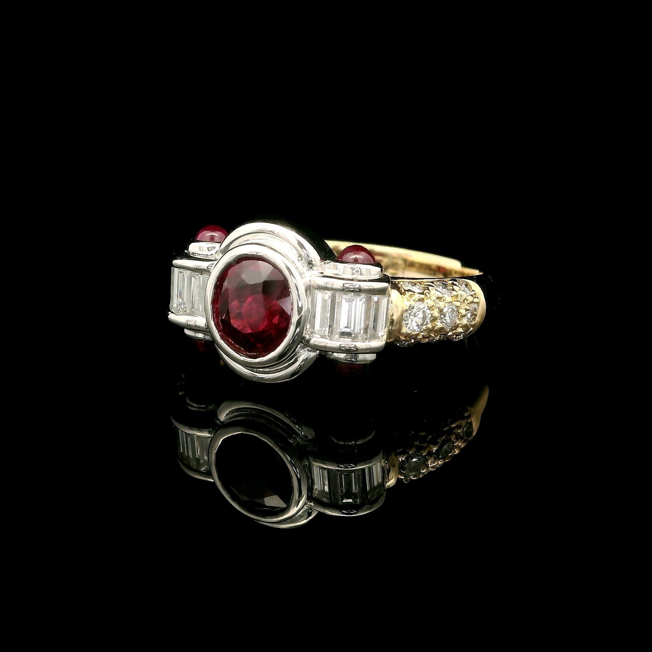 18k Yellow Gold Platinum GIA 2.18ctw Vivid Red Ruby & Diamond Bezel Band Ring In Excellent Condition For Sale In Montclair, NJ