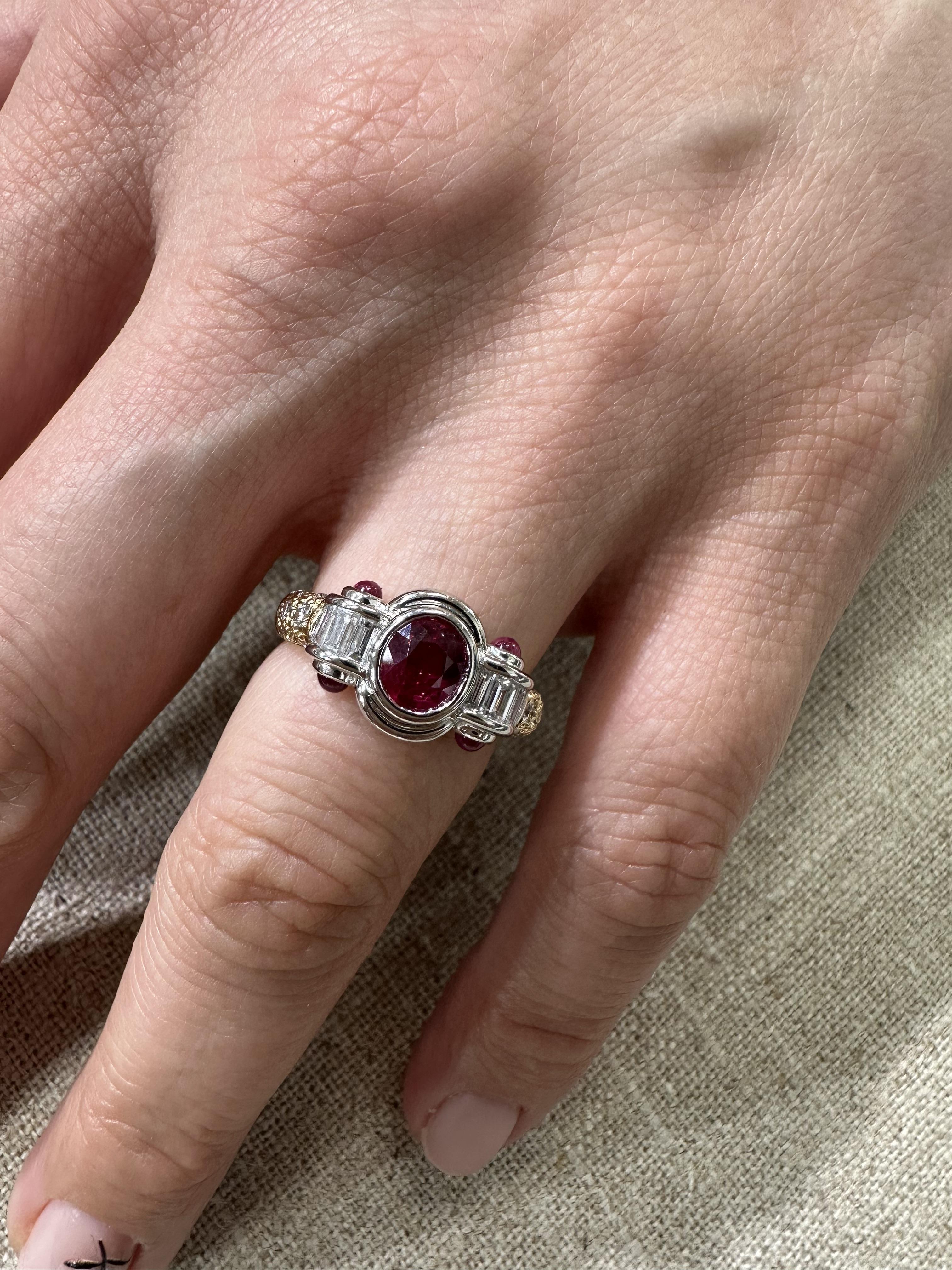 18k Yellow Gold Platinum GIA 2.18ctw Vivid Red Ruby & Diamond Bezel Band Ring For Sale 2