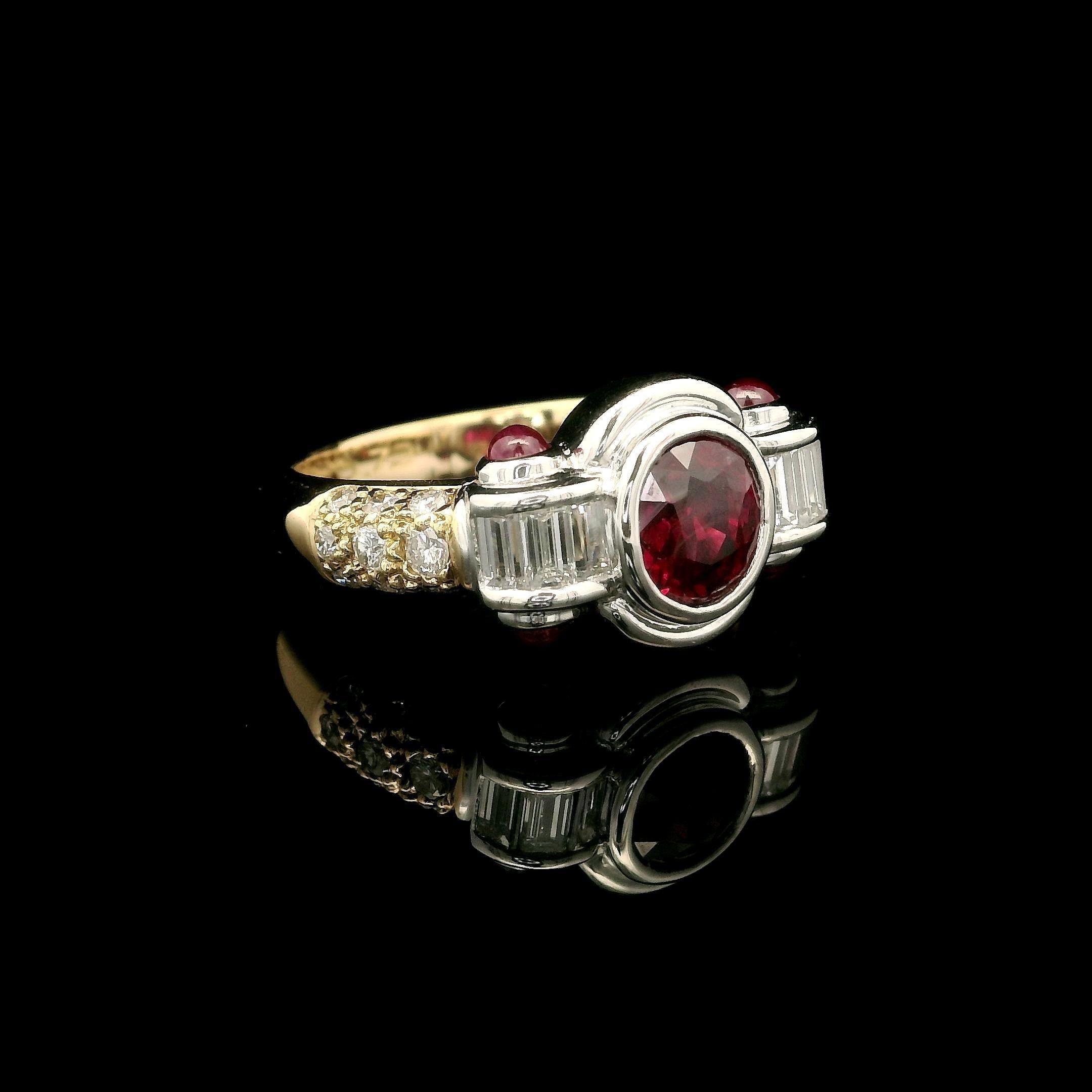 18k Yellow Gold Platinum GIA 2.18ctw Vivid Red Ruby & Diamond Bezel Band Ring For Sale 3