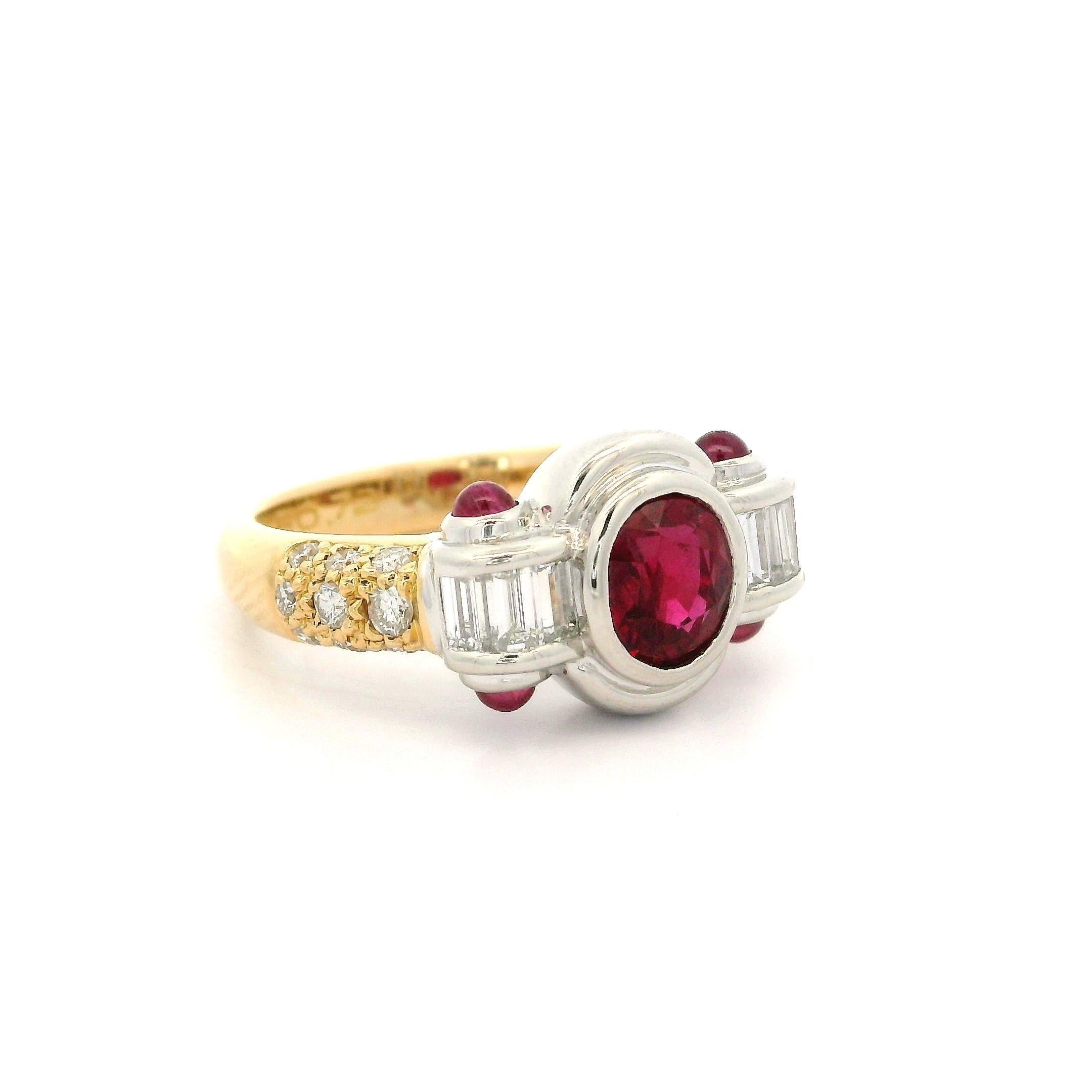 18k Yellow Gold Platinum GIA 2.18ctw Vivid Red Ruby & Diamond Bezel Band Ring For Sale 4