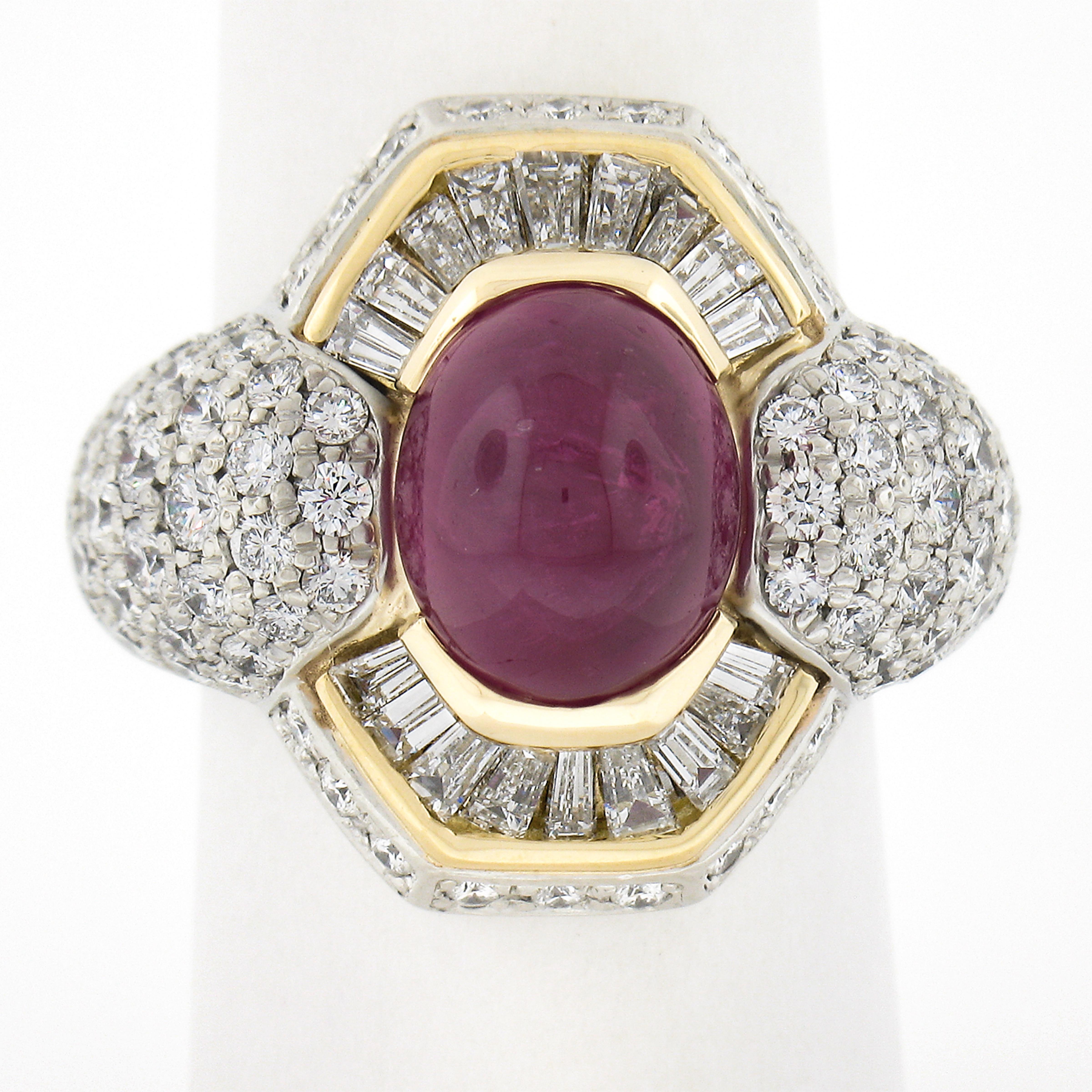 This is a truly breathtaking, GIA certified, genuine ruby vintage ring crafted in solid 18k yellow gold & platinum featuring an oval double cabochon cut ruby solitaire with an outstandingly rich purplish-red color. The 5.81 carat ruby is a very