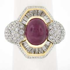 18K Yellow Gold & Platinum GIA Oval Cabochon Ruby w/ Diamond Halo Cocktail Ring