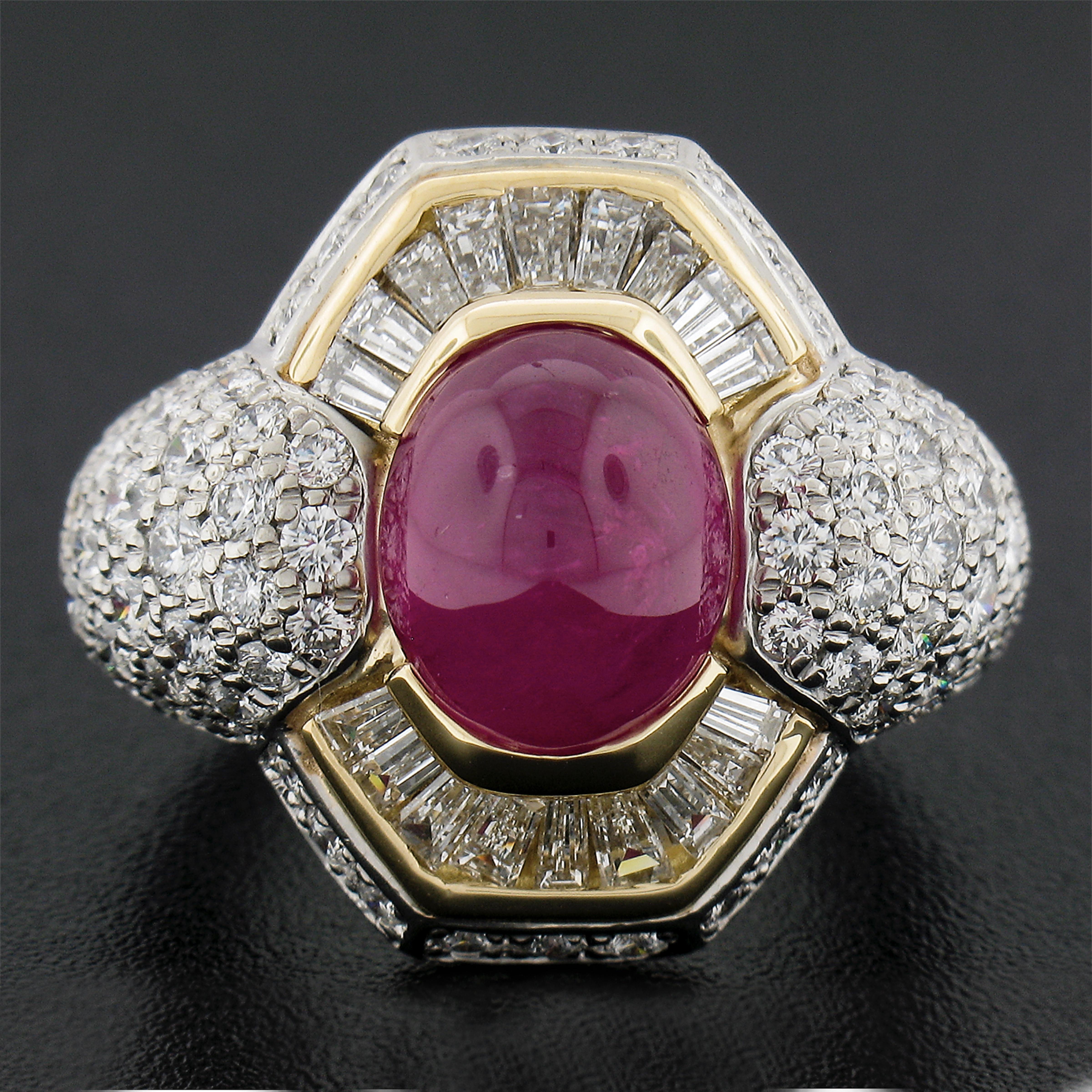 Oval Cut 18K Yellow Gold & Platinum GIA Oval Cabochon Ruby w/ Diamond Halo Cocktail Ring For Sale