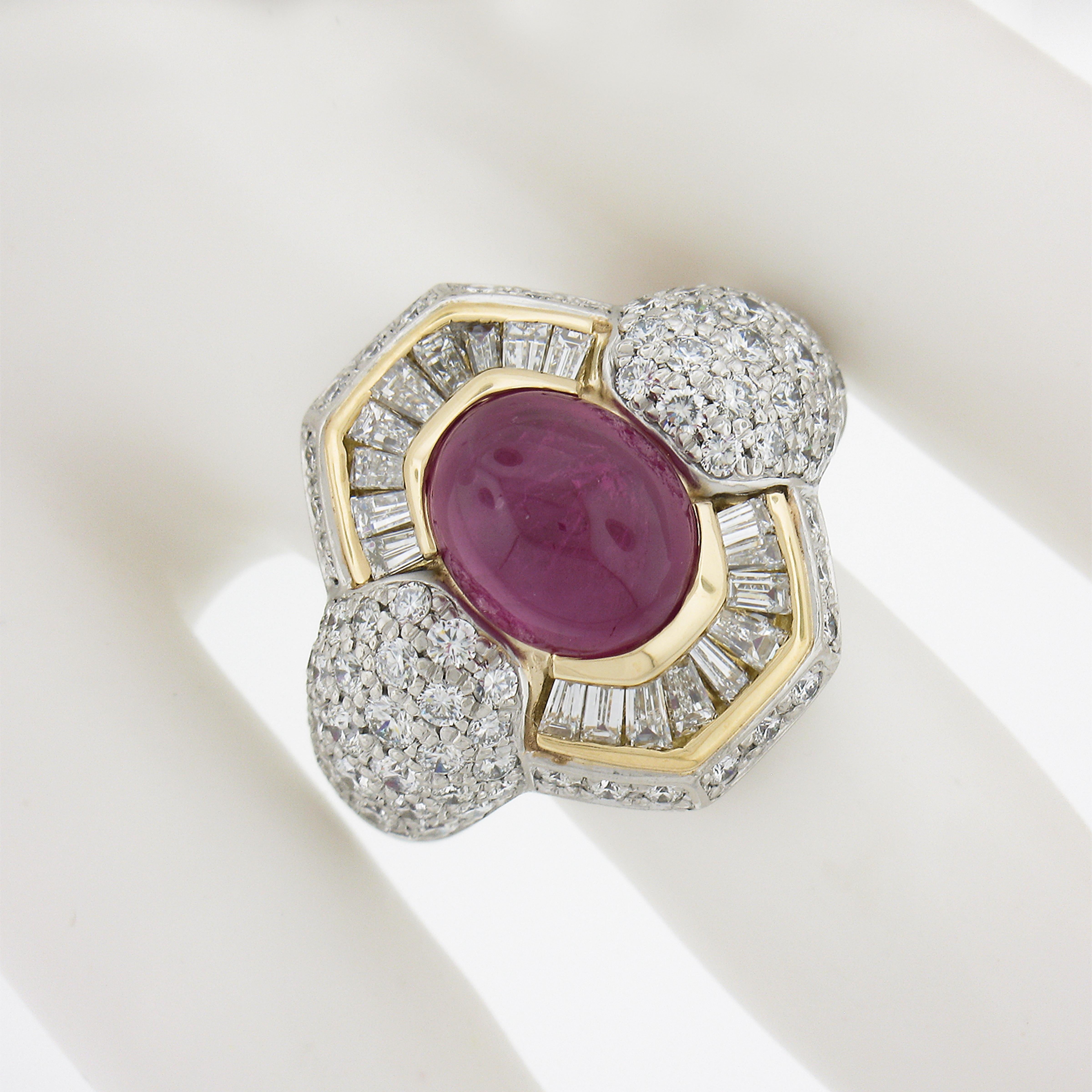 18K Yellow Gold & Platinum GIA Oval Cabochon Ruby w/ Diamond Halo Cocktail Ring In Excellent Condition For Sale In Montclair, NJ