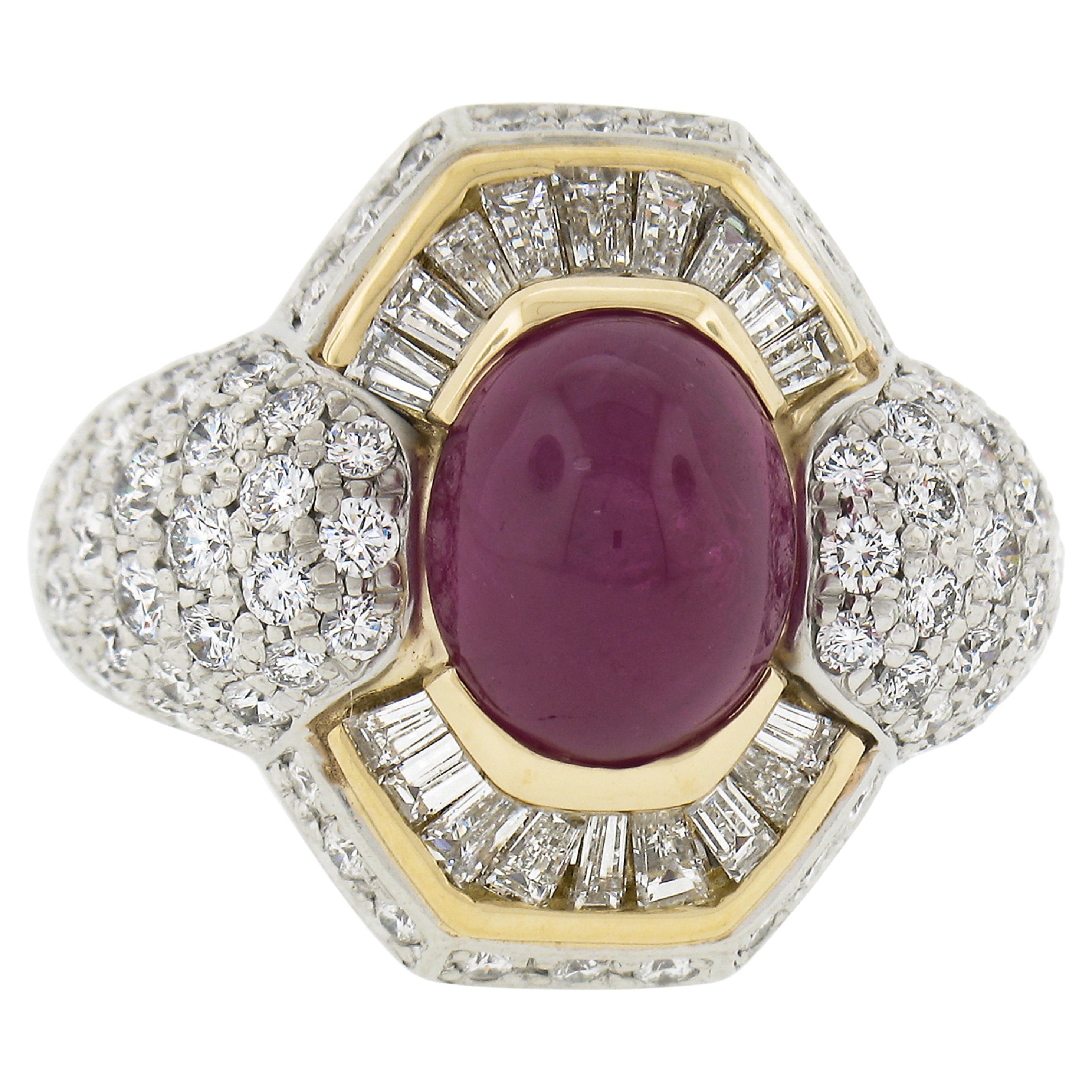 18K Yellow Gold & Platinum GIA Oval Cabochon Ruby w/ Diamond Halo Cocktail Ring For Sale
