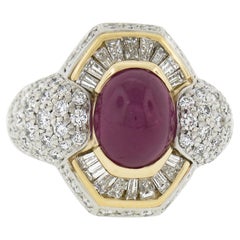 18K Yellow Gold & Platinum GIA Oval Cabochon Ruby w/ Diamond Halo Cocktail Ring