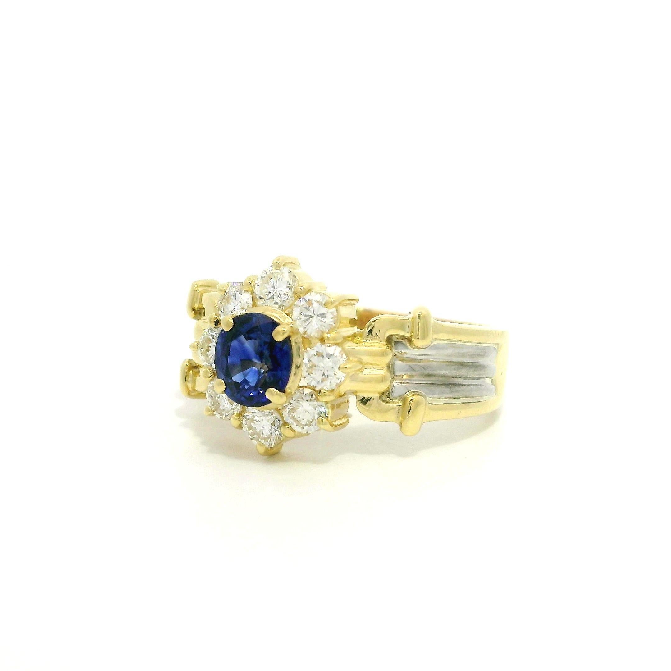 18k Yellow Gold Platinum High Quality Sapphire Diamond Flower Cluster Ring For Sale 8