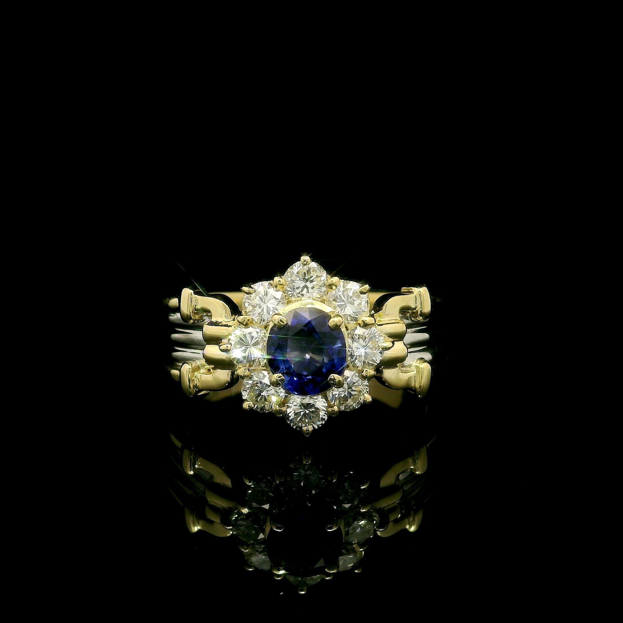 18k Yellow Gold Platinum High Quality Sapphire Diamond Flower Cluster Ring For Sale 9