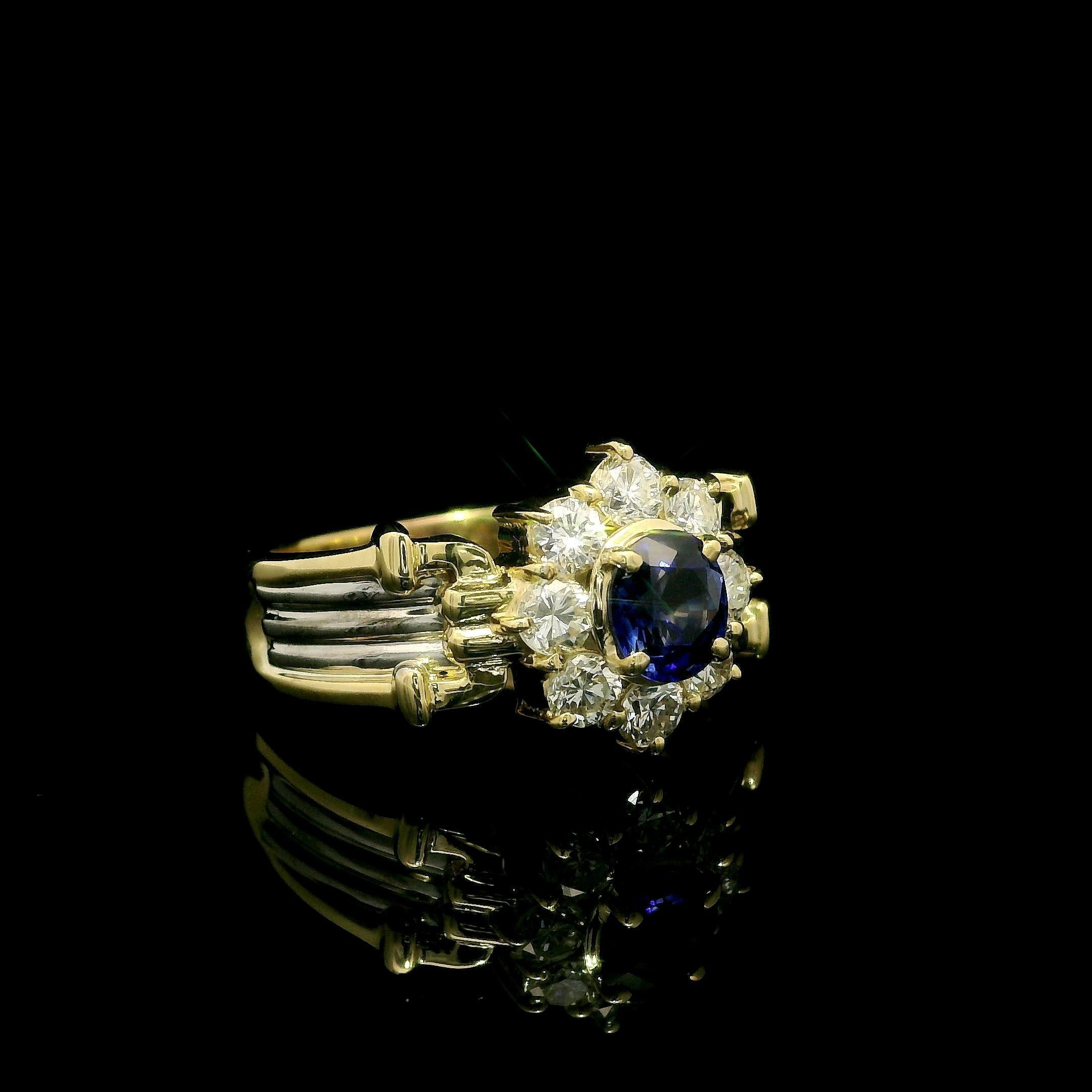 --Stone(s):--
(1) Natural Genuine Sapphire - Oval Cut - Prong Set - True Royal Blue Color - 5.2x4.75mm - 0.45ct (approx.)
(8) Natural Genuine Diamonds - Round Brilliant Cut - Prong Set - G Color - VS2 Clarity - 0.64ctw (exact)
Total Carat Weight: